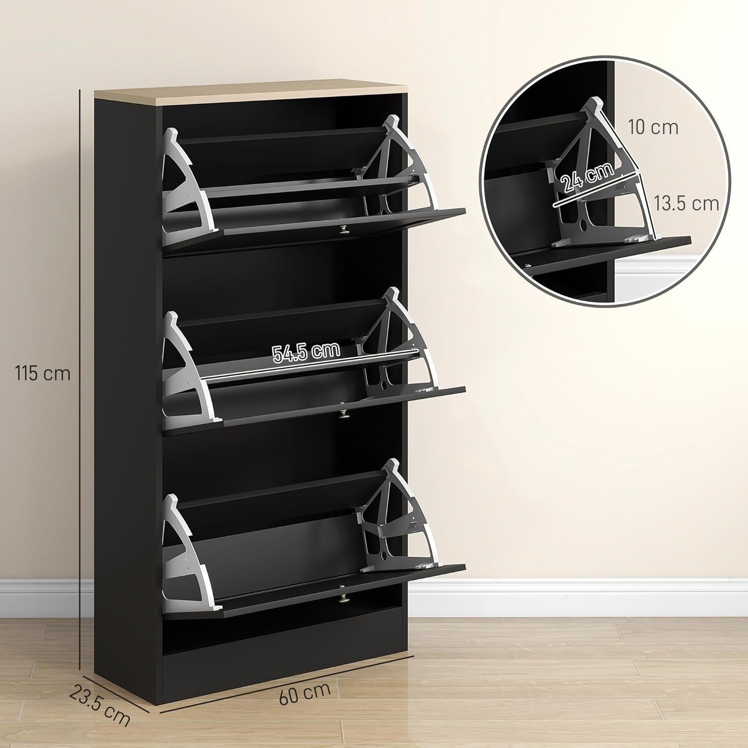 Slim Black Shoe Cabinet 3 Flip Drawers Adjustable Shelves Space Saving Rack