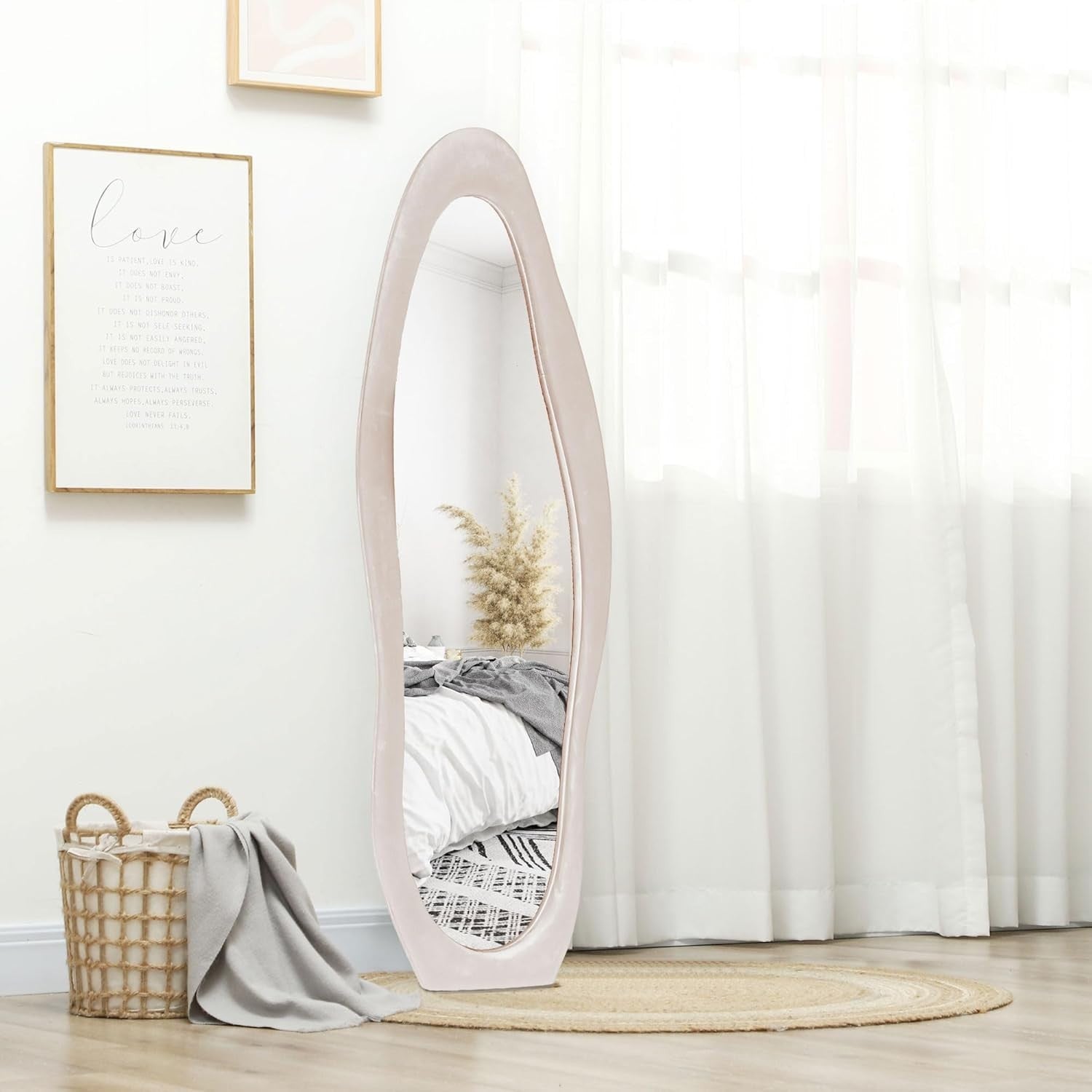 Irregular Wavy Full-Length Floor Mirror 160x50cm Velvet Frame Pink