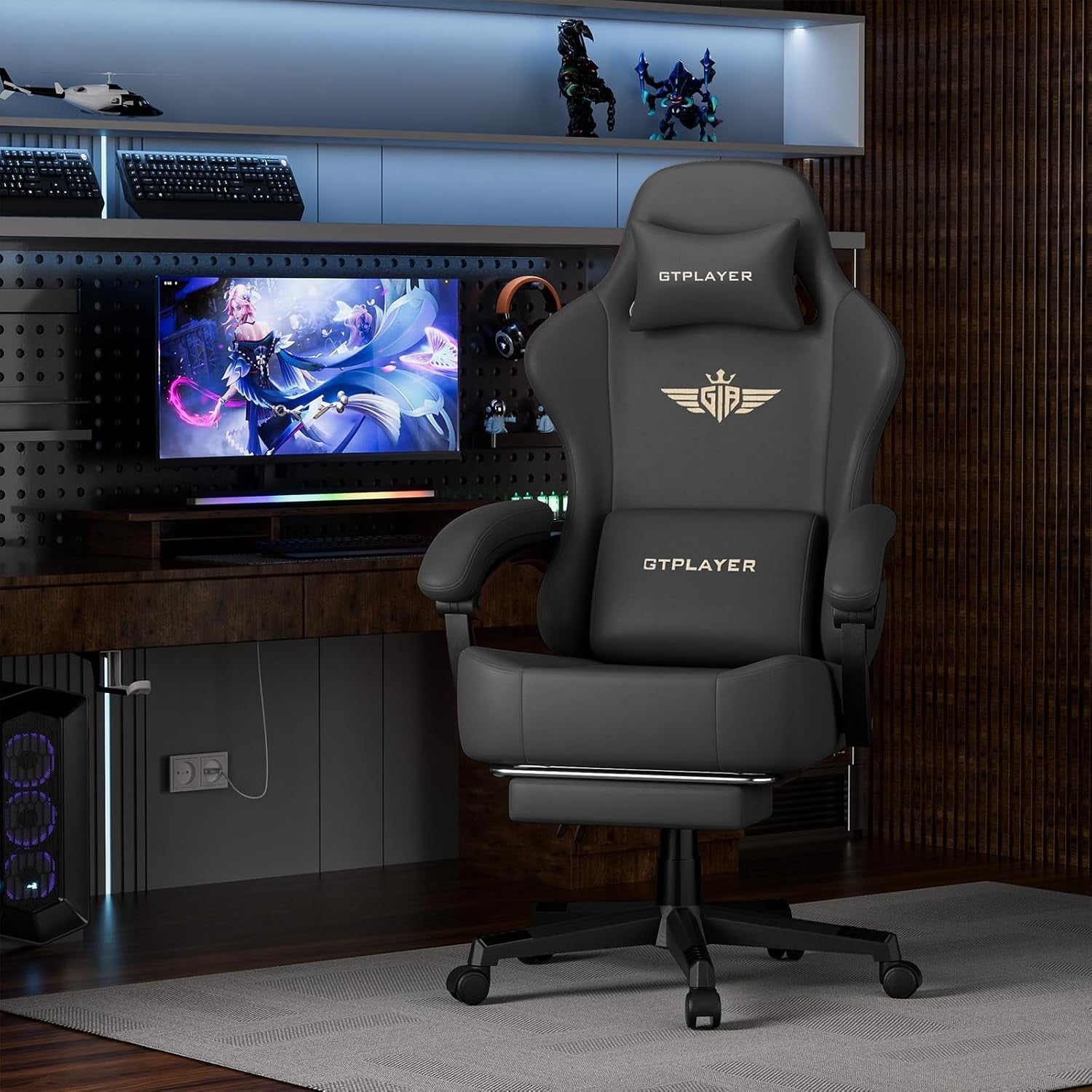 Ergonomic Gaming Chair w/ Footrest Reclining Faux Leather Black