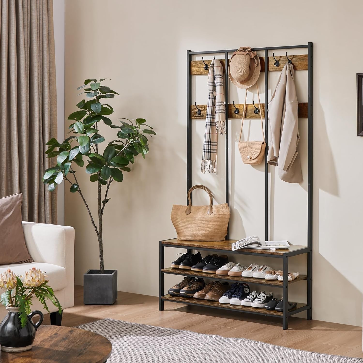 Rustic Brown Hall Tree with 24 Hooks & Shoe Bench Metal Coat Rack Stand