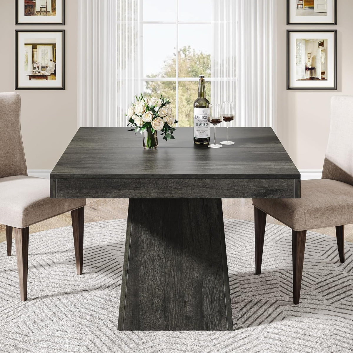 31.5" Square Dining Table Gray Pedestal Base for Kitchen & Small Spaces
