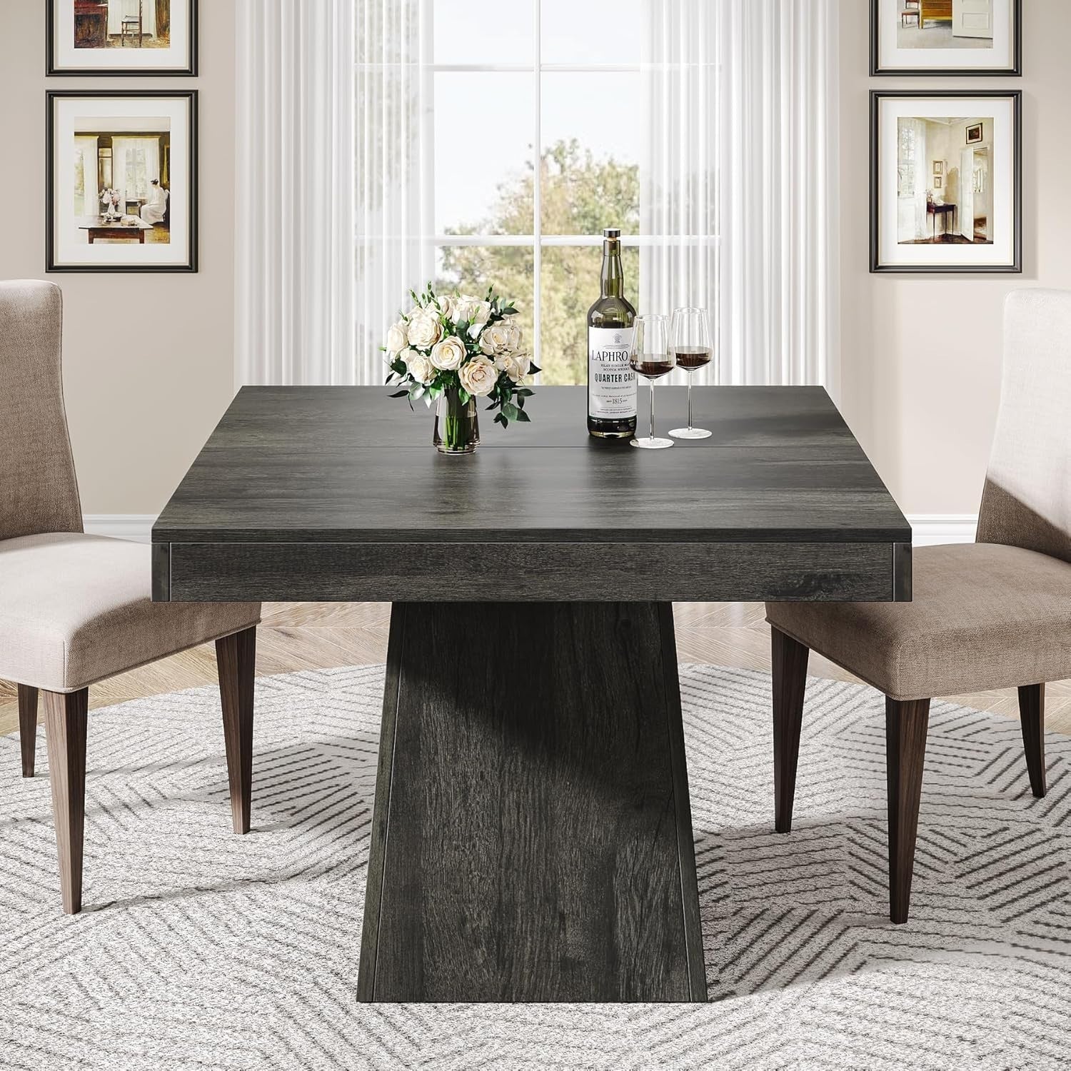 31.5" Square Dining Table Gray Pedestal Base for Kitchen & Small Spaces