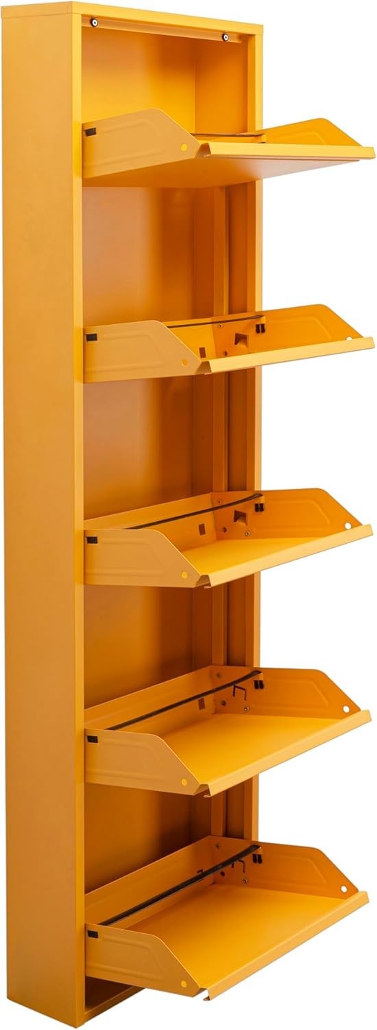 Slim 5-Drawer Shoe Cabinet Yellow– Space-Saving Metal Tilt Rack 170x50x15cm