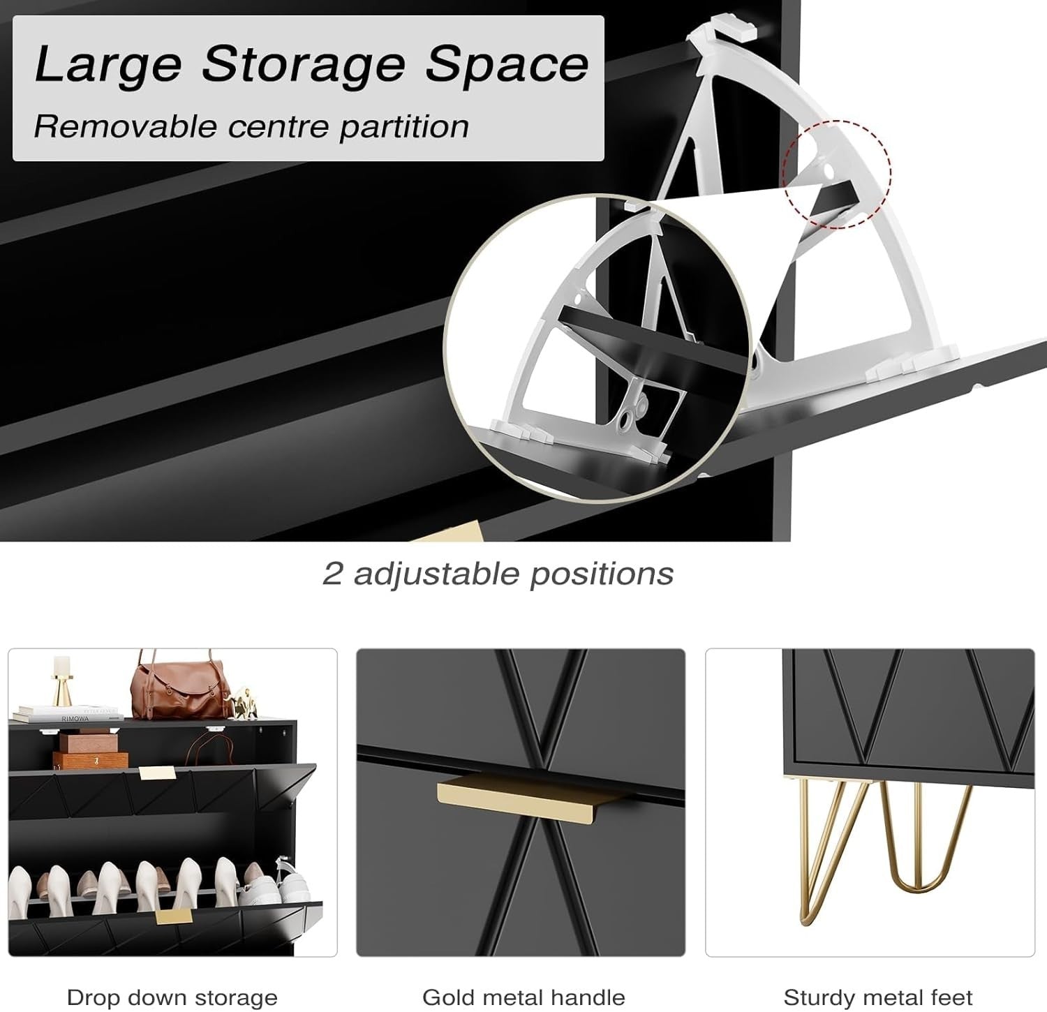 Modern Shoe Cabinet Black w/ Flip Drawers – 3 Compartments 16 Pairs Storage