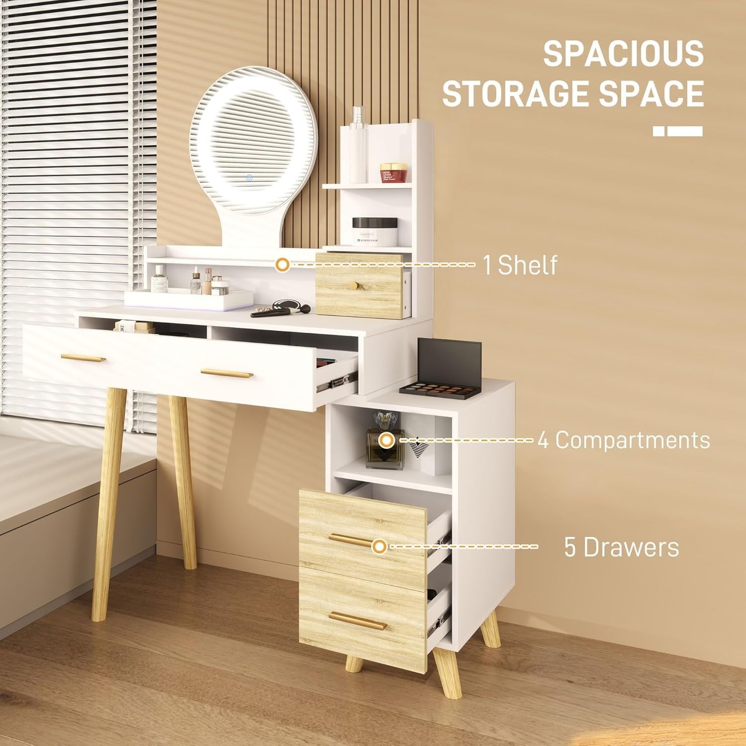 Dressing Table Desk Scandi White with LED Mirror 5 Drawers Storage Makeup Vanity
