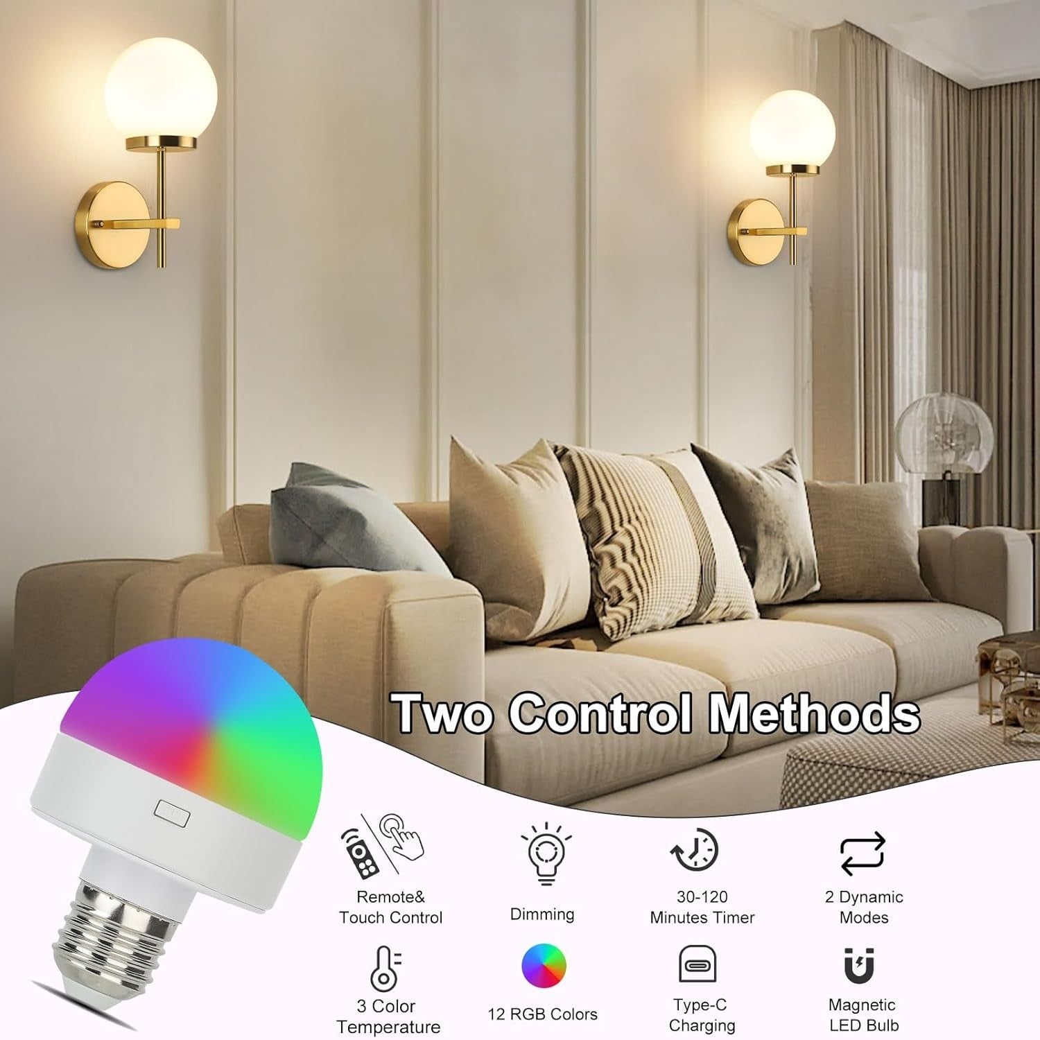 Modern Wireless Wall Sconces Set 2 Dimmable Glass RGB LED Lights Remote