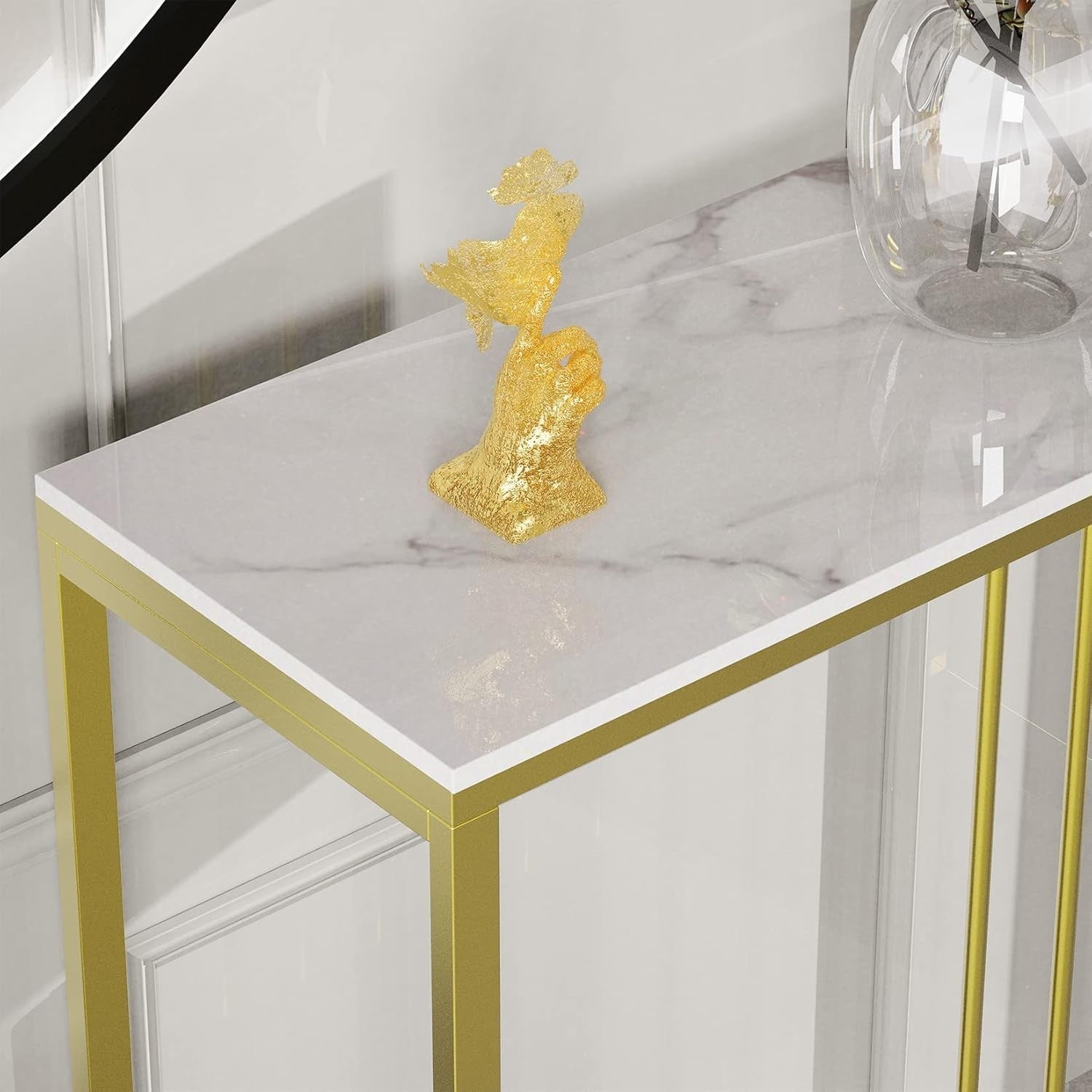 White Marble Console Table Slim 100cm – Gold Frame Entryway Desk Hall