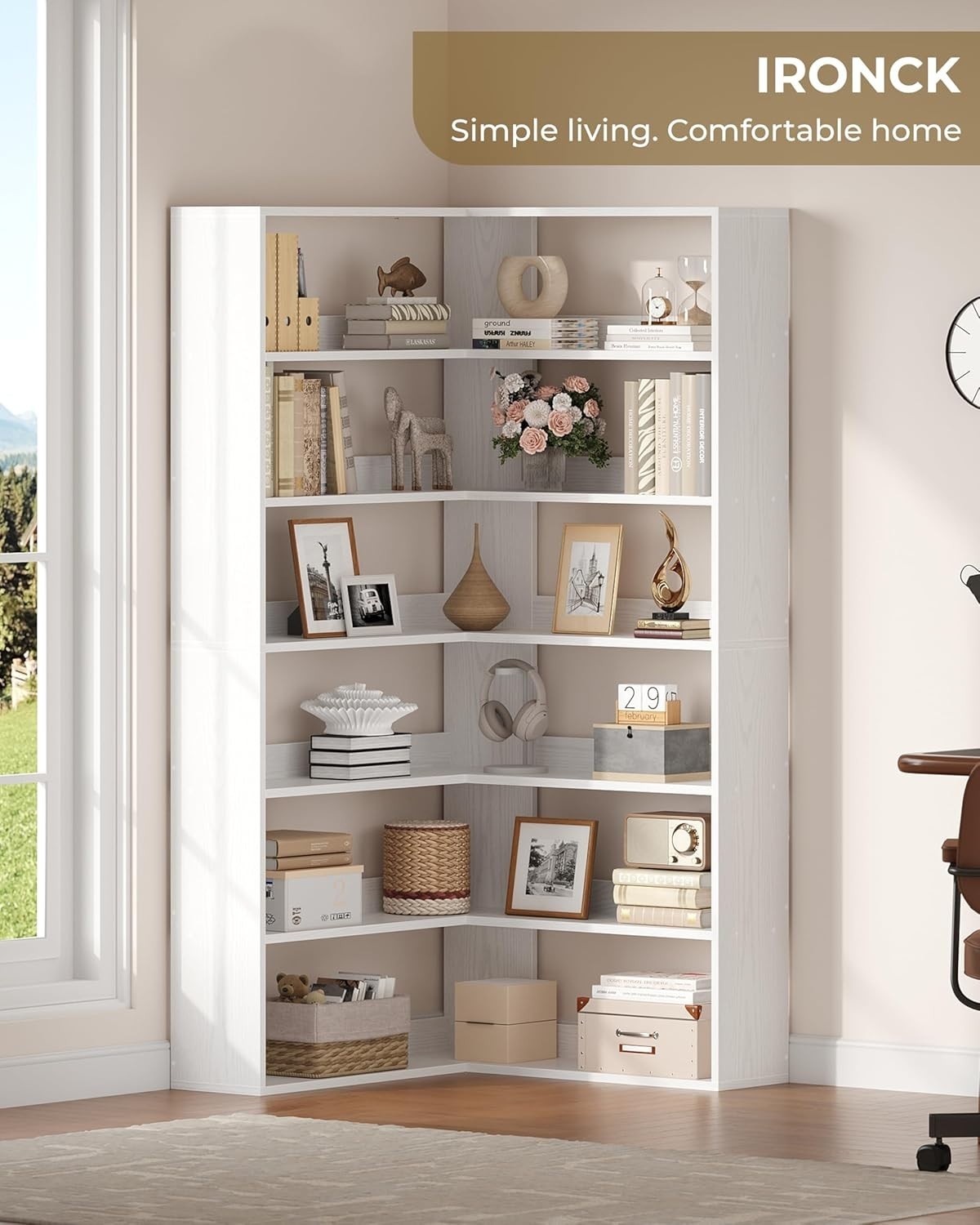 6-Tier Tall White Corner Bookshelf 180cm L-Shaped Storage Rack