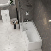 1700x850mm Left-Hand L-Shaped Shower Bath with Front & End Panels + Glass Screen