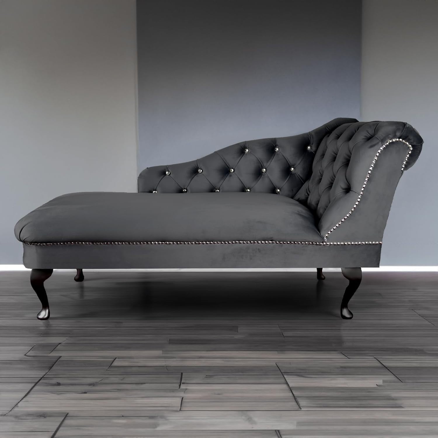 Velvet Tufted Chaise Lounge Sofa Right Hand Grey Accent Chair 133cm.