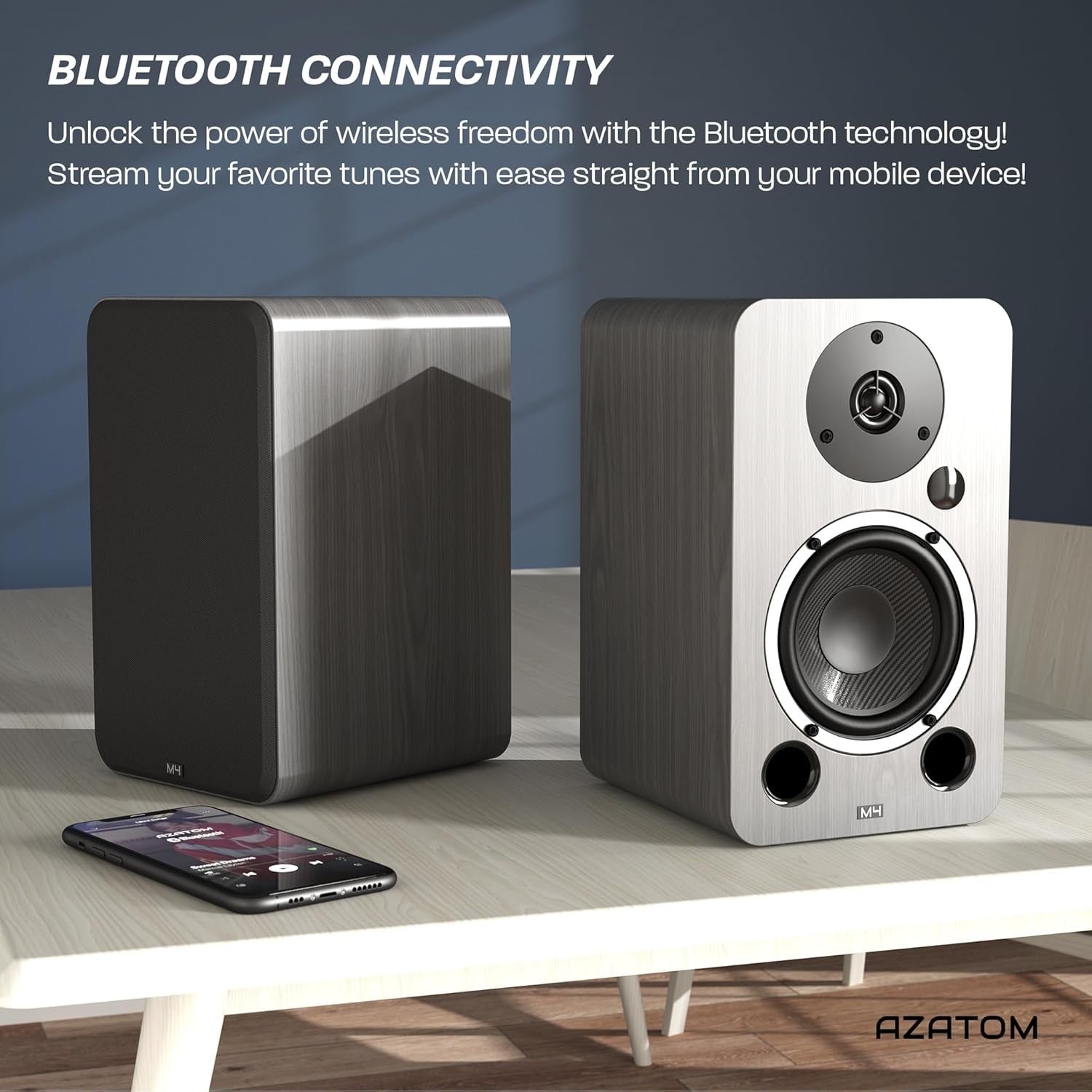 80W Bluetooth Bookshelf Speakers Hi-Res Audio HDMI Optical RCA Grey Finish