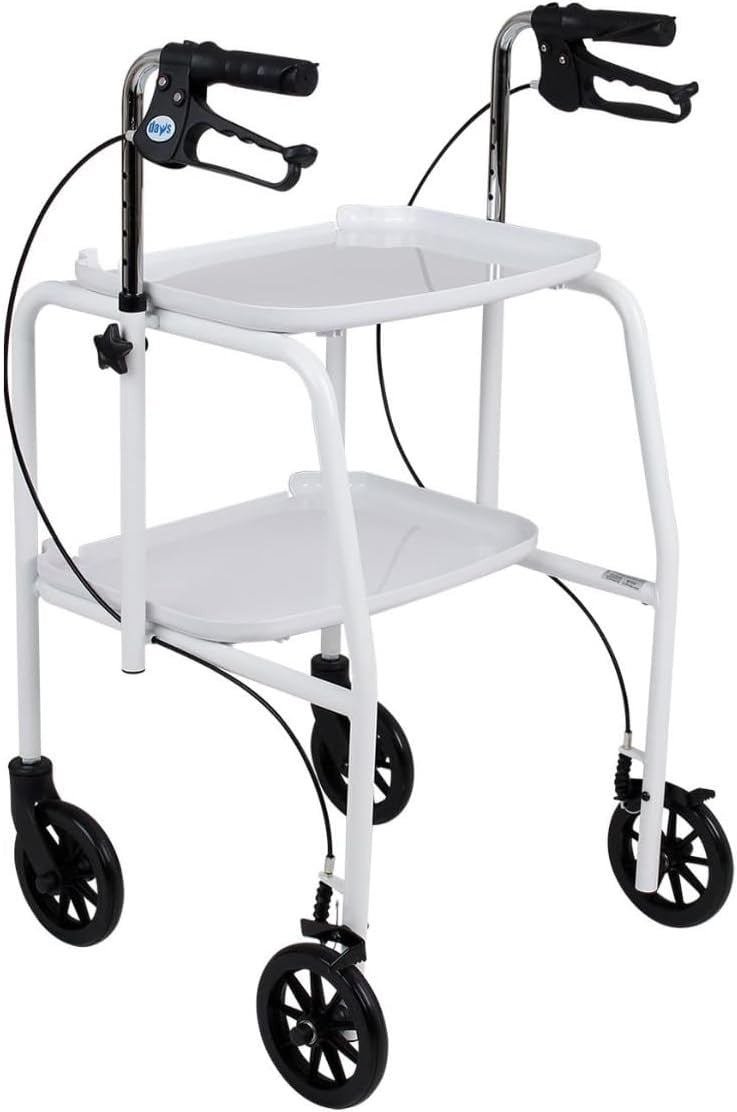 Walker Trolley with Trays Adjustable Height Lockable Brakes Indoor Mobility Aid