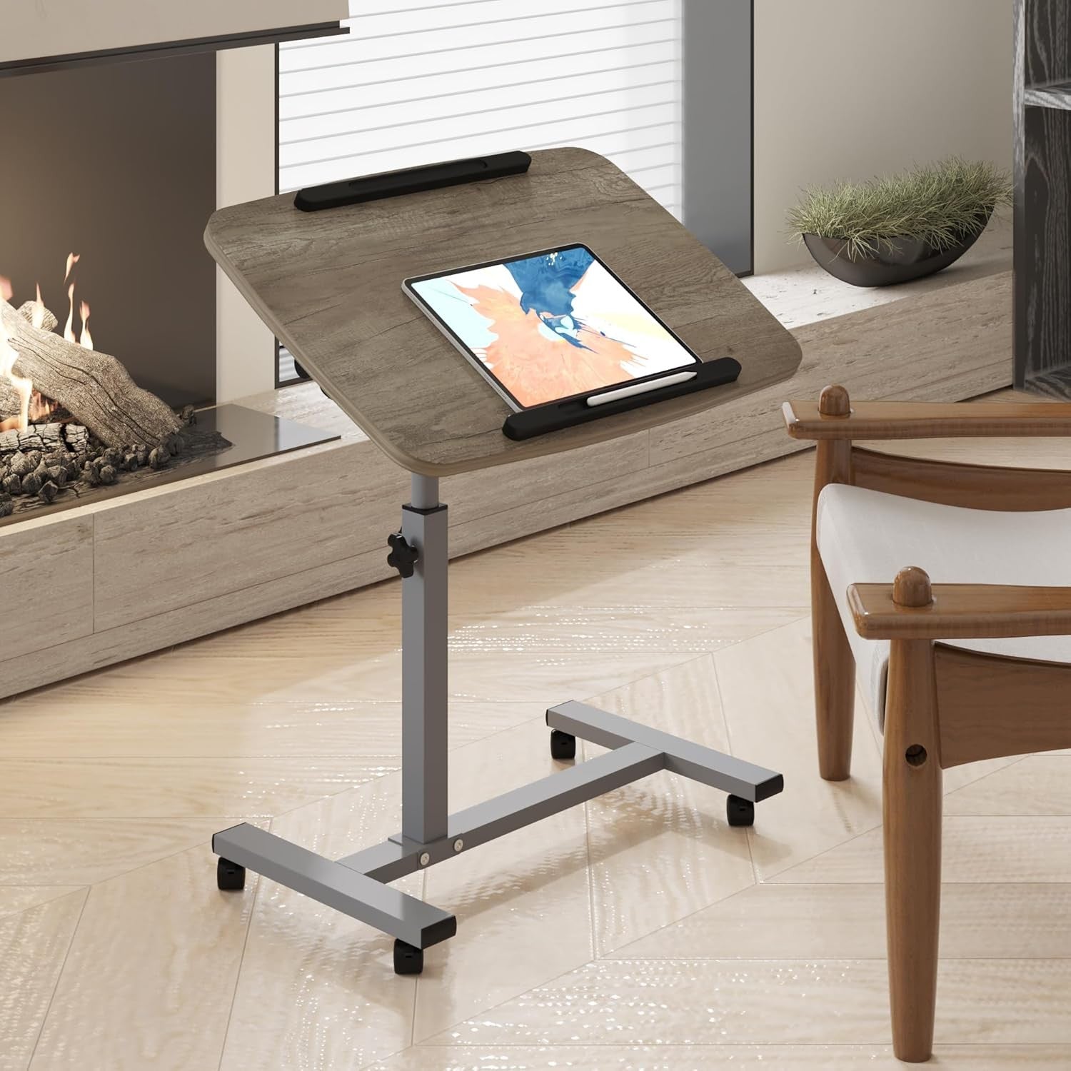 Adjustable Overbed Laptop Table on Wheels Bedside Desk Oak Grey