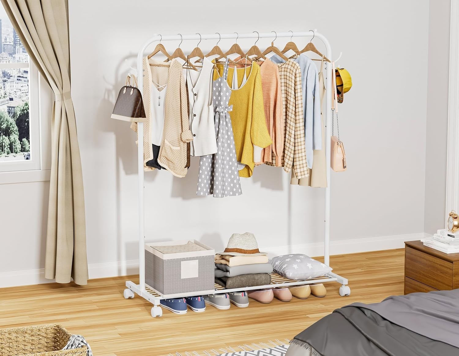 Portable White Clothes Rail 40KG Rack With Wheels Shelf & Hooks