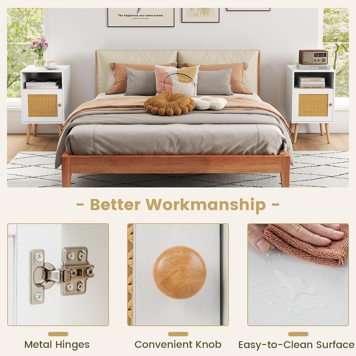 Set of 2 White & Natural Bedside Tables with Rattan Door | Modern Nightstands