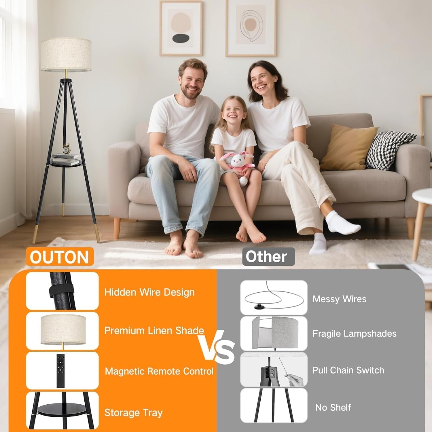 Adjustable Wooden Tripod Floor Lamp with Remote, Timer & Storage Shelf