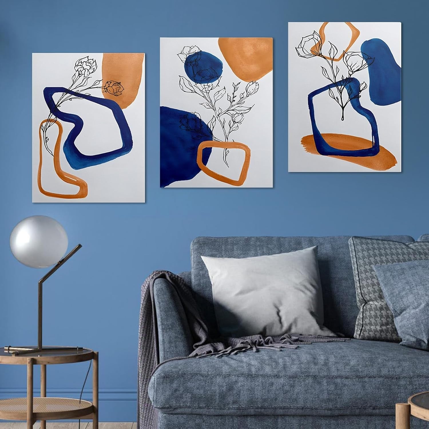 3Pcs Abstract Canvas Wall Art – Navy Blue & Gold Modern Boho Decor