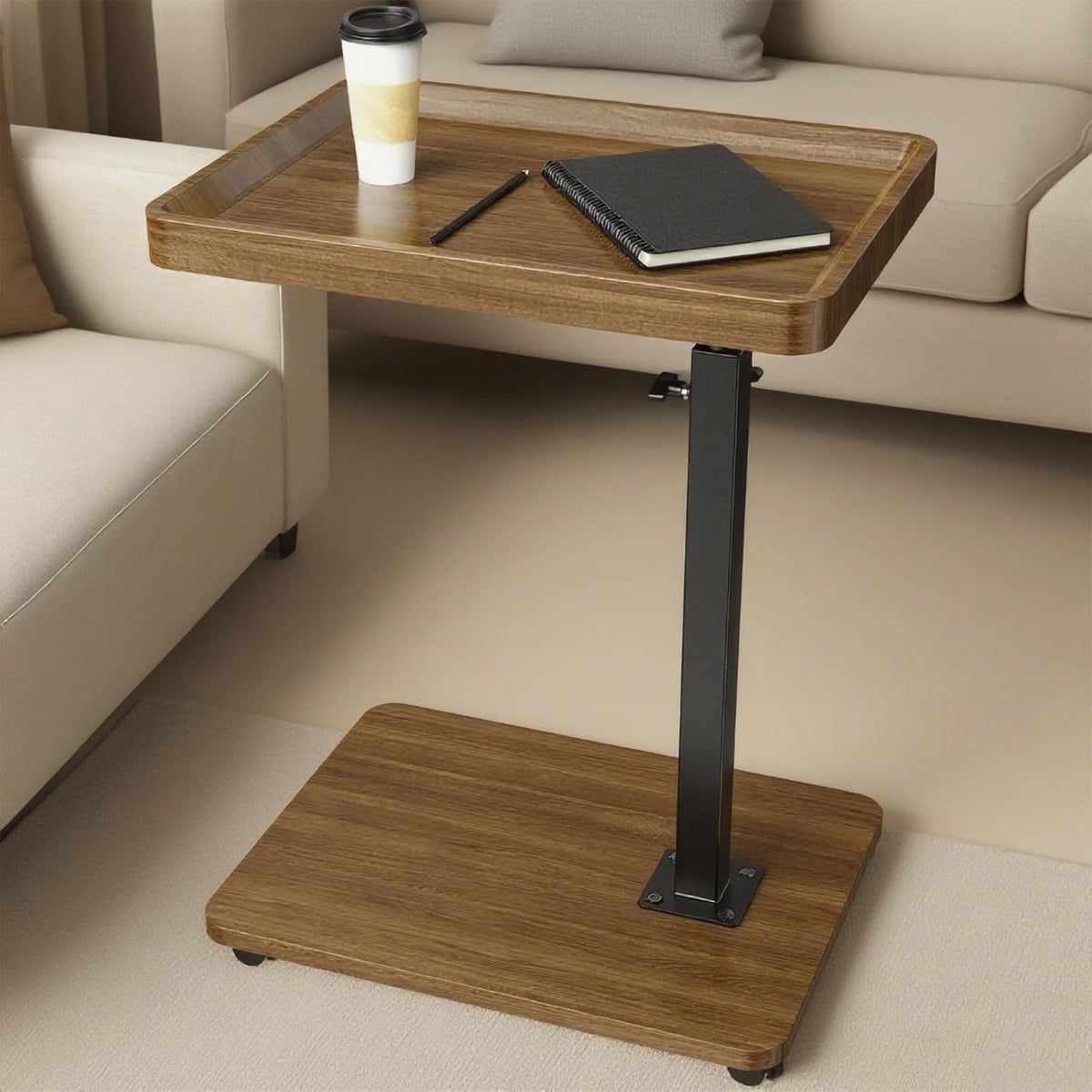 Adjustable C-Shaped Side Table with Wheels 360° Swivel Tray Walnut