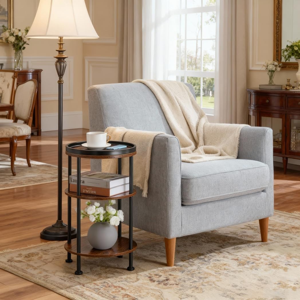 3 Tier Round Side Table with Storage Shelf Metal Frame Small Space Brown 30x55.