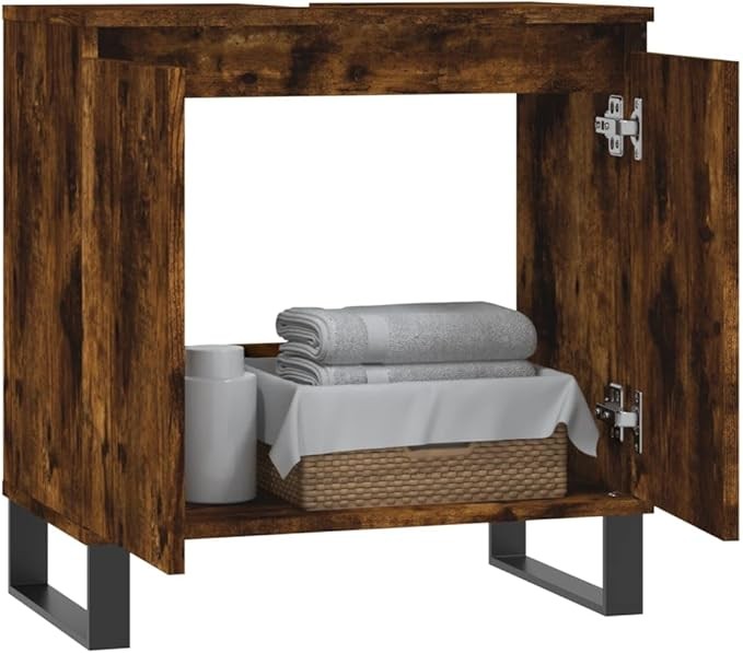 Rustic Oak Under Sink Bathroom Cabinet 58cm Modern Vanity Unit w/ Metal Legs