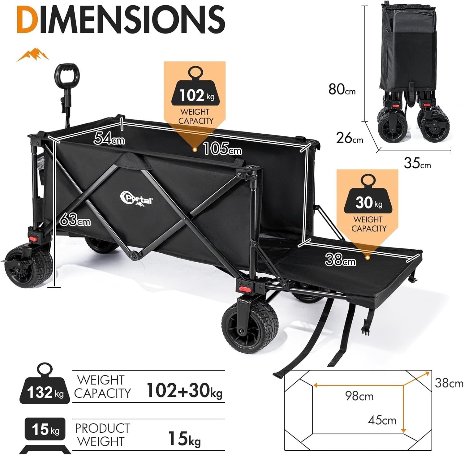 Black 300L Heavy Duty Festival Trolley Folding Wagon w/ Tailgate & Wide Wheels