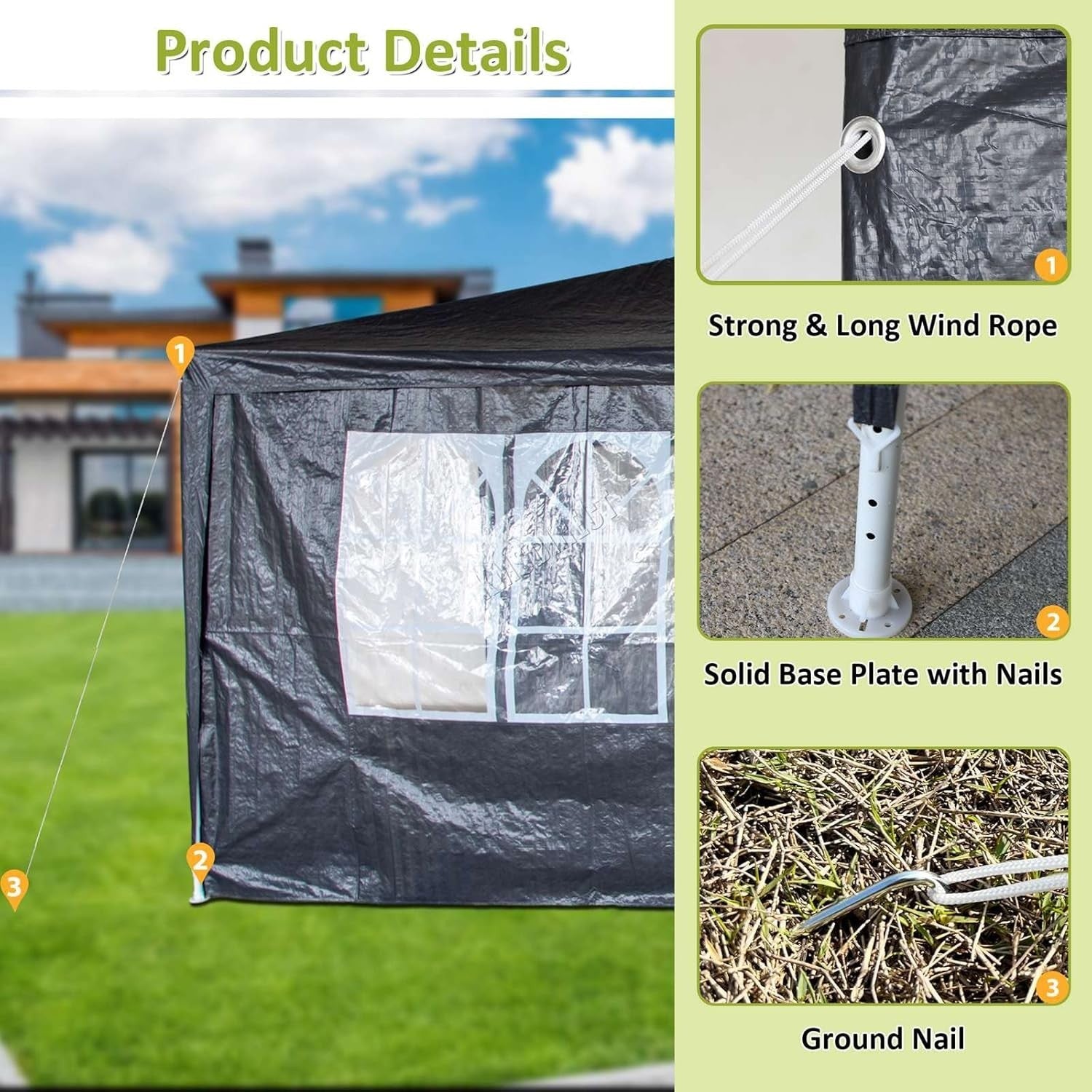 3x6M Steel Frame Gazebo With 6 Sidewalls Waterproof Garden Party Tent Grey