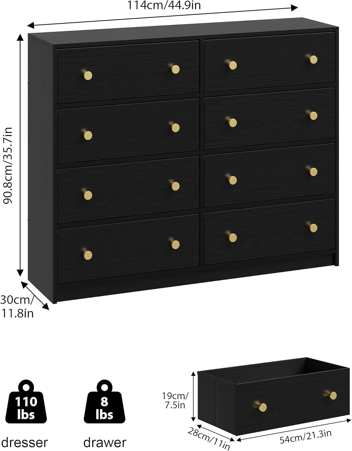 8 Drawer Black Chest Gold Handles Modern Storage Unit Bedroom Hallway