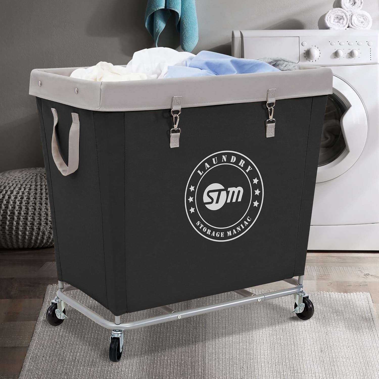 320L Commercial Laundry Hamper on Wheels | Heavy-Duty Steel Cart | Large Black B