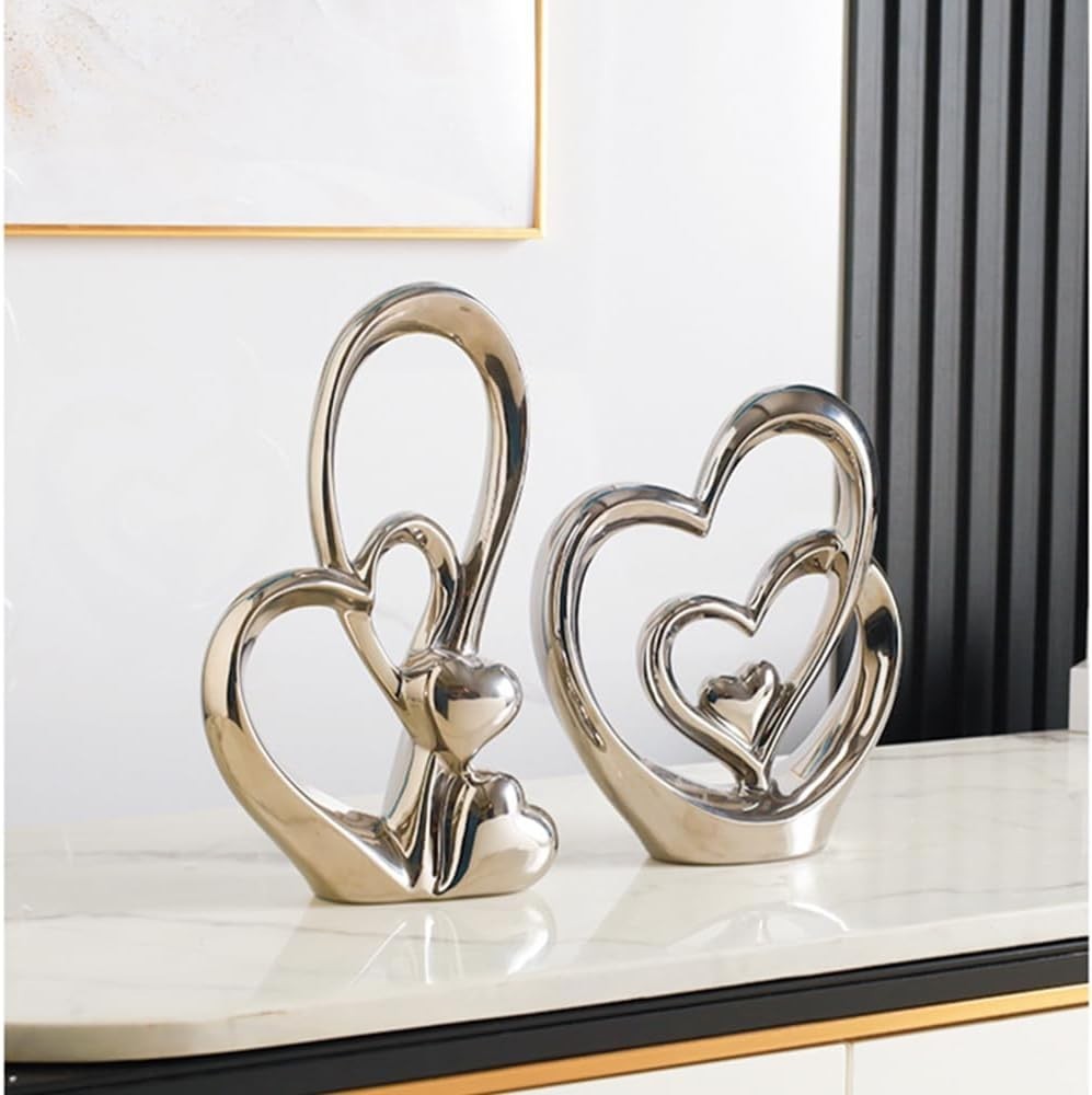 Silver Double Heart Ceramic Sculpture Luxury Modern Romantic Home Decor Ornament