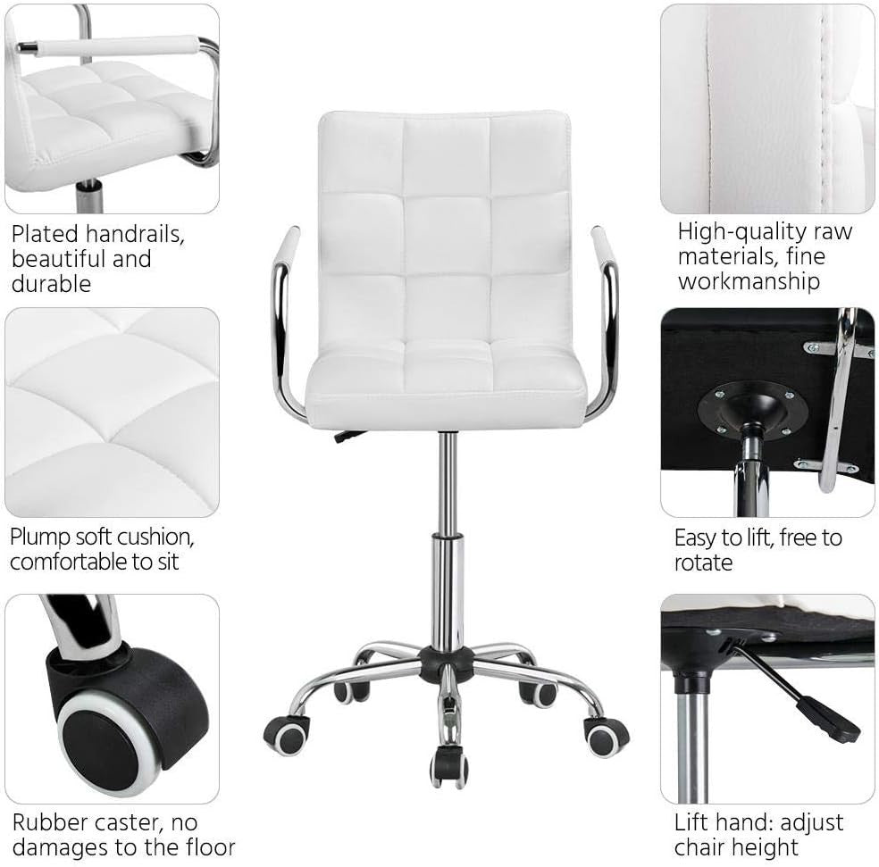 White Adjustable Office Chair Swivel Desk Chair Faux Leather Home Study Seat
