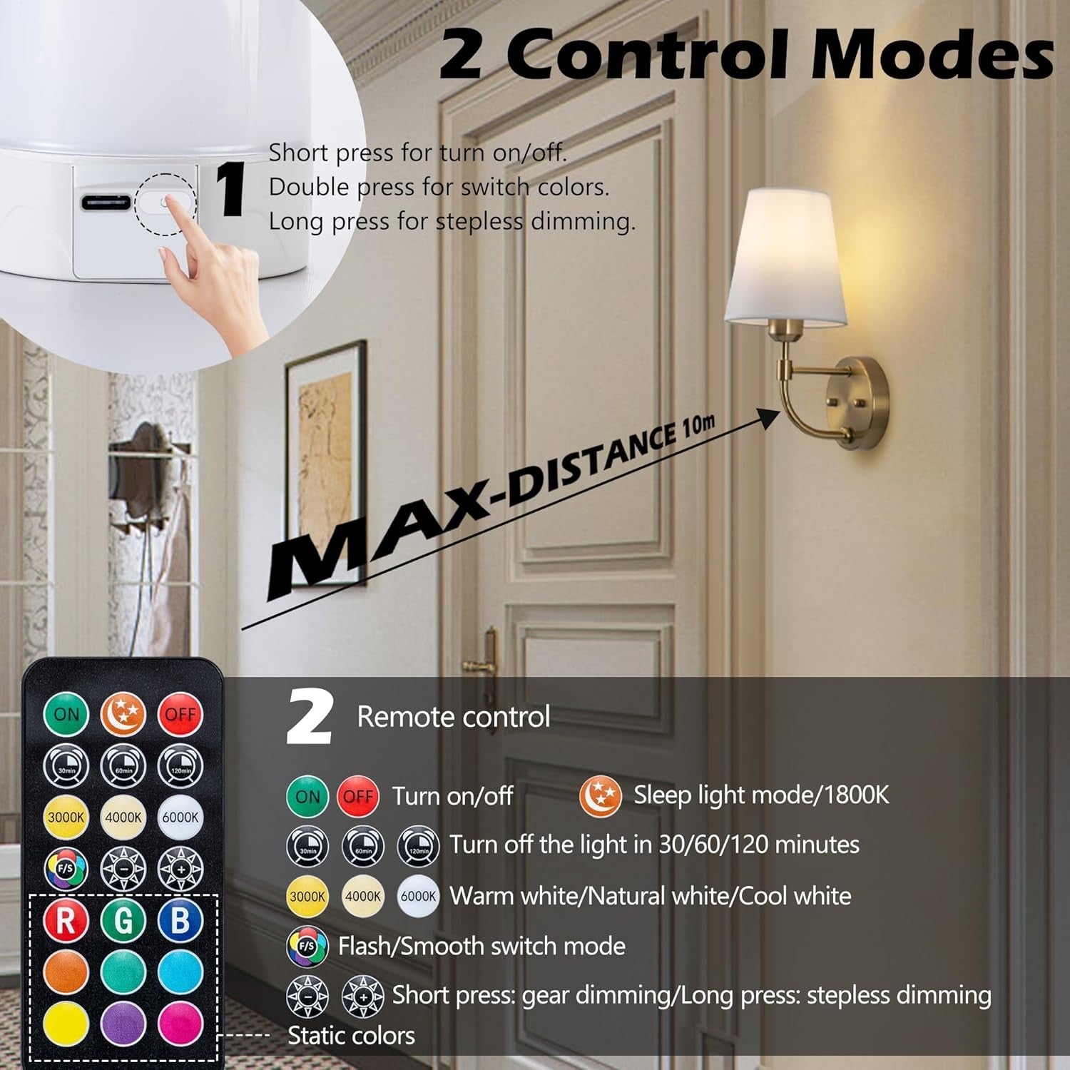 Battery Operated Wall Sconces Set of 2, Rechargeable RGB LED Lights + Remote