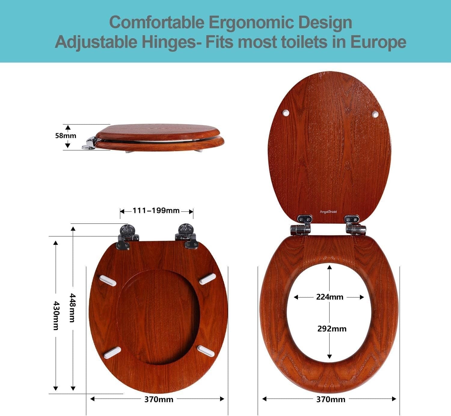 Antibacterial Wooden Toilet Seat Soft Close Oval Antique Pine 45x37cm