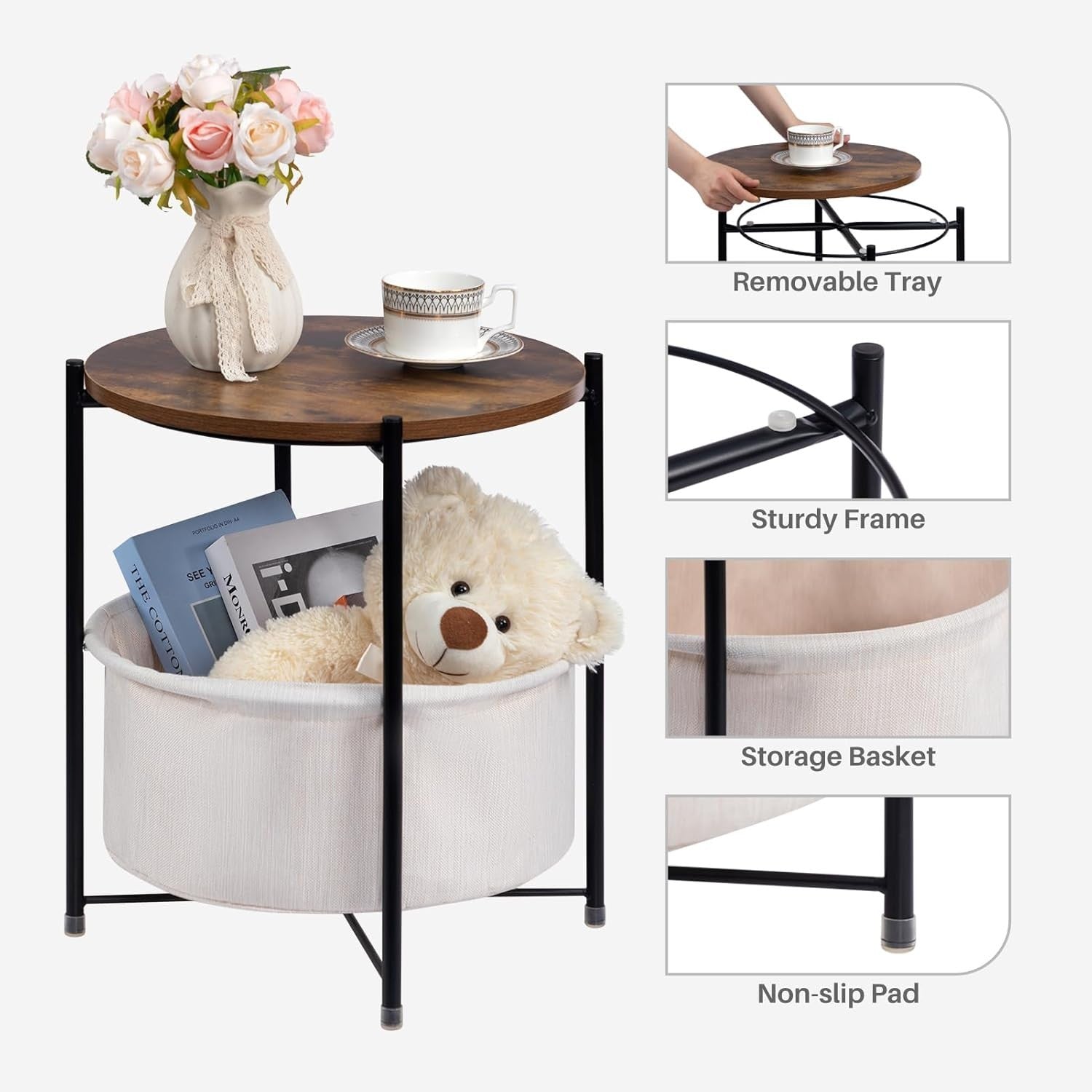 Round Side Table with Fabric Basket Storage Small Coffee Table Living Room