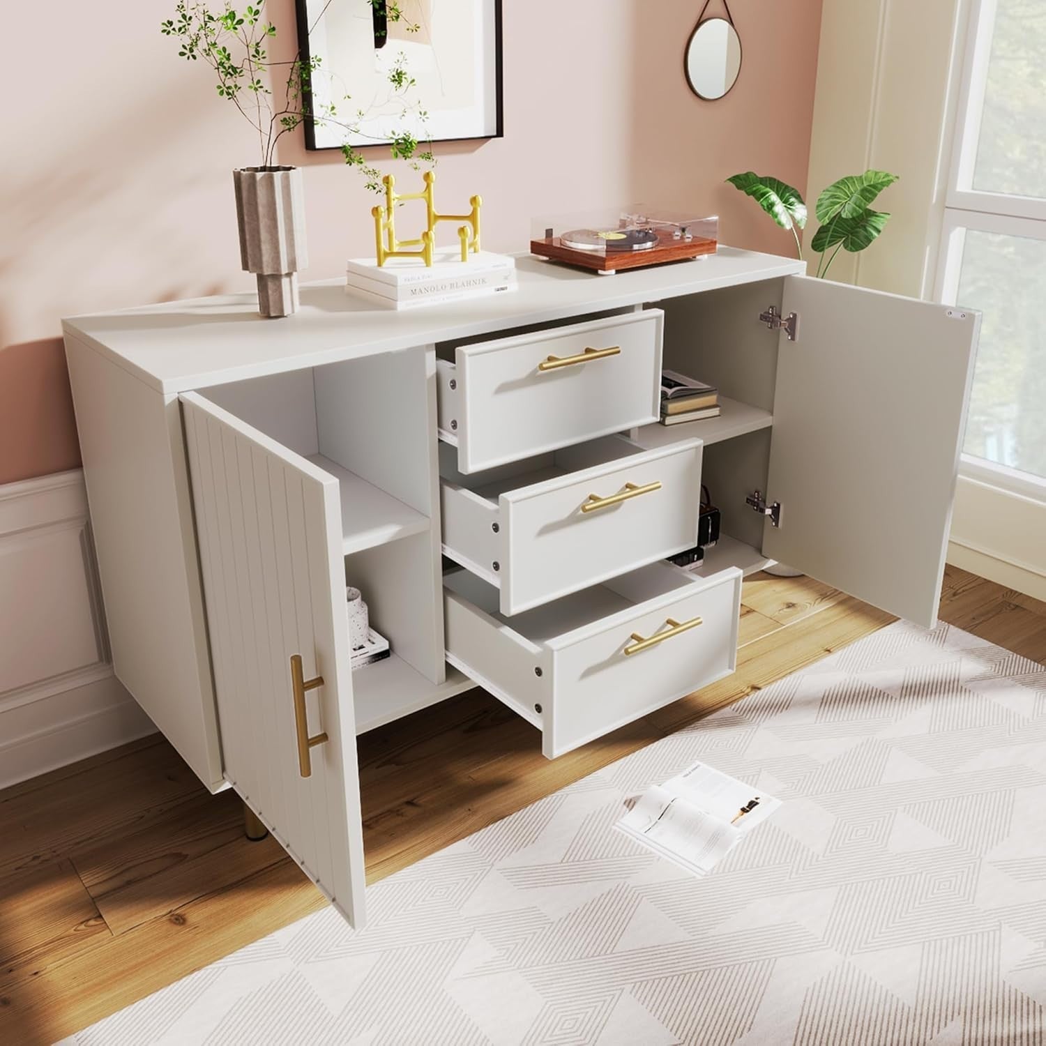 Modern White Sideboard Cabinet Drawers Doors Storage Unit 120cm Wide