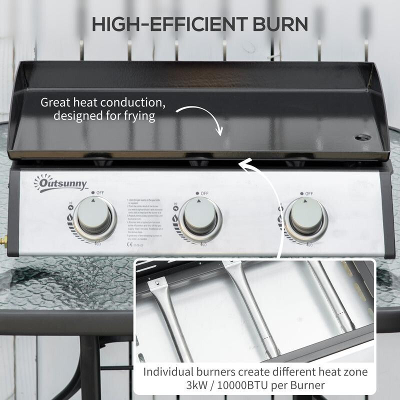 3 Burner Gas Plancha Grill Tabletop BBQ with Regulator, Hose & Non-Stick Top