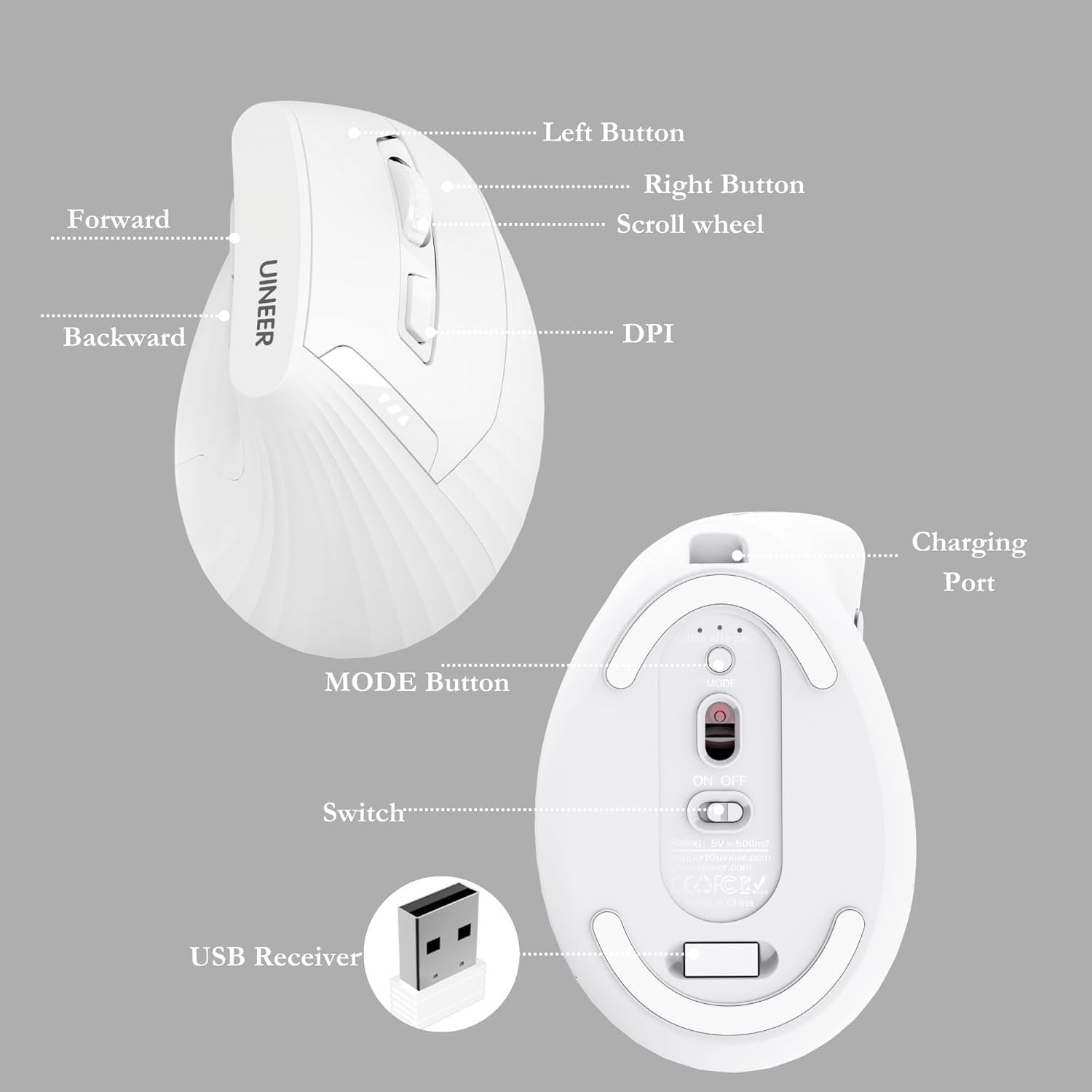 Vertical Wireless Ergonomic Mouse Bluetooth Rechargeable White