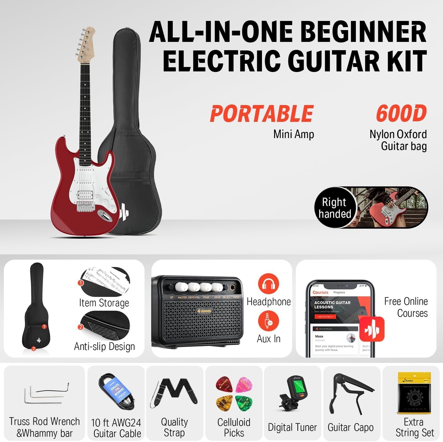 39in Electric Guitar Starter Kit HSS Red w Amp & Bag