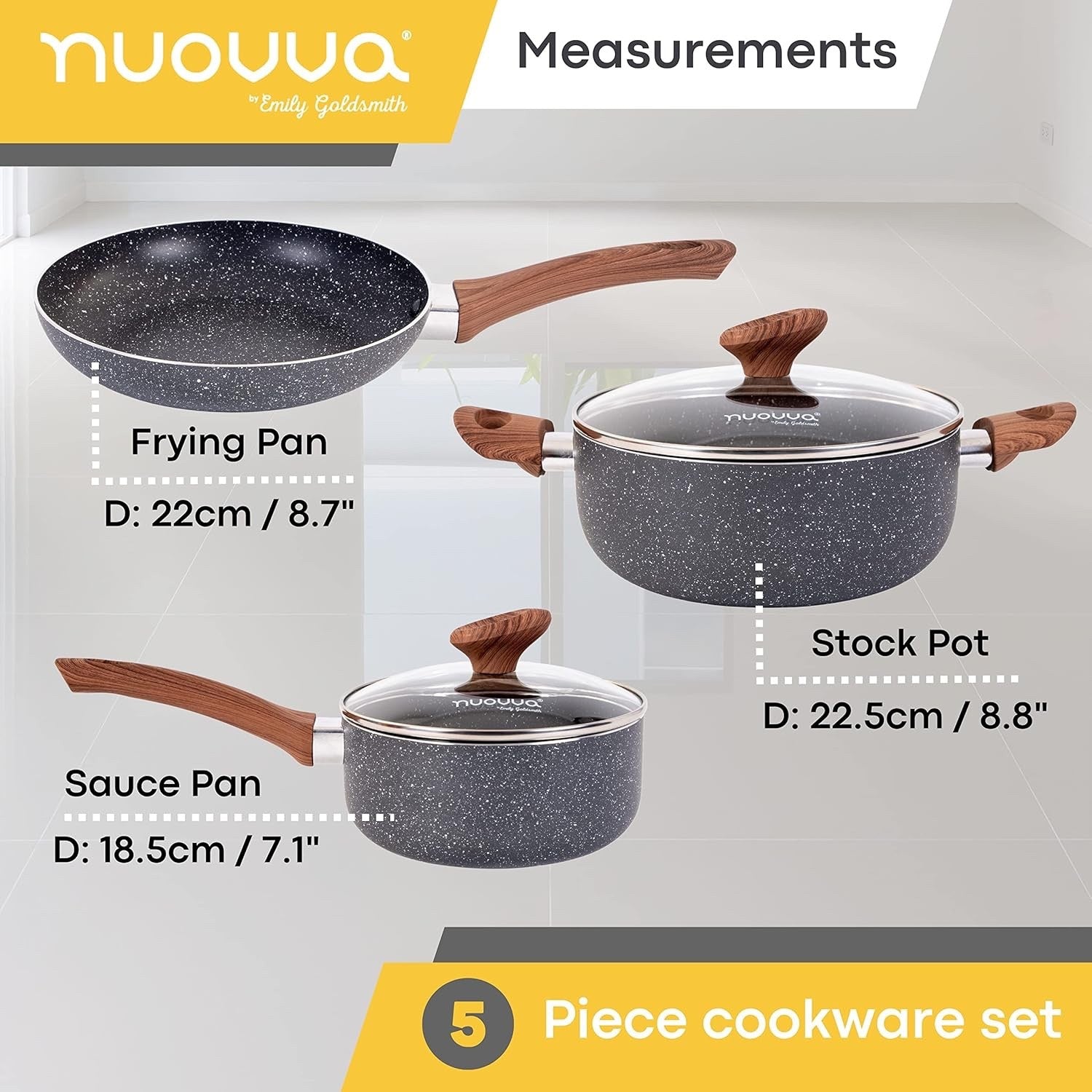 5pcs Marble Non Stick Cookware Set with Lids – Induction & Gas Compatible Pots