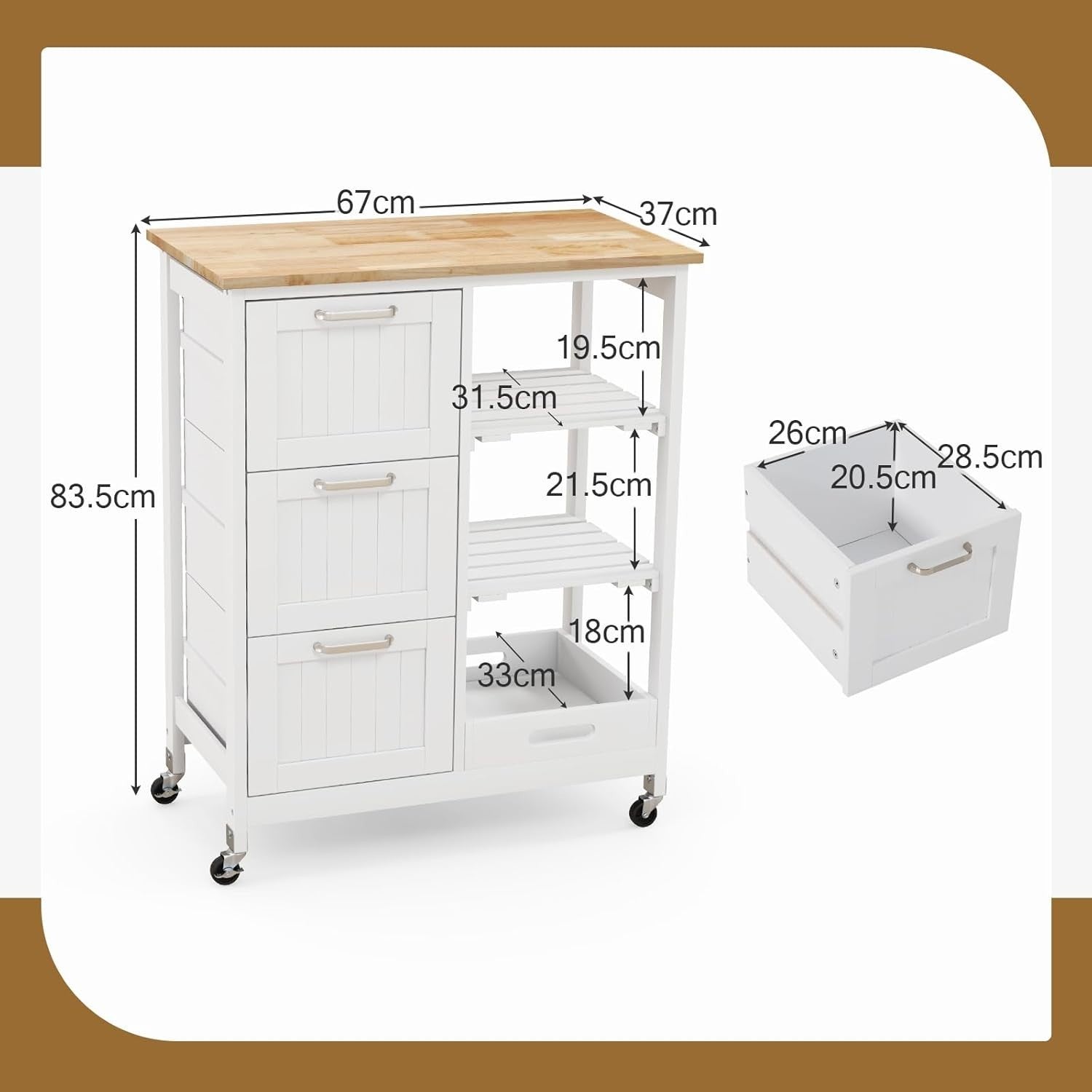 White Kitchen Island Cart 3 Drawers Rolling Trolley