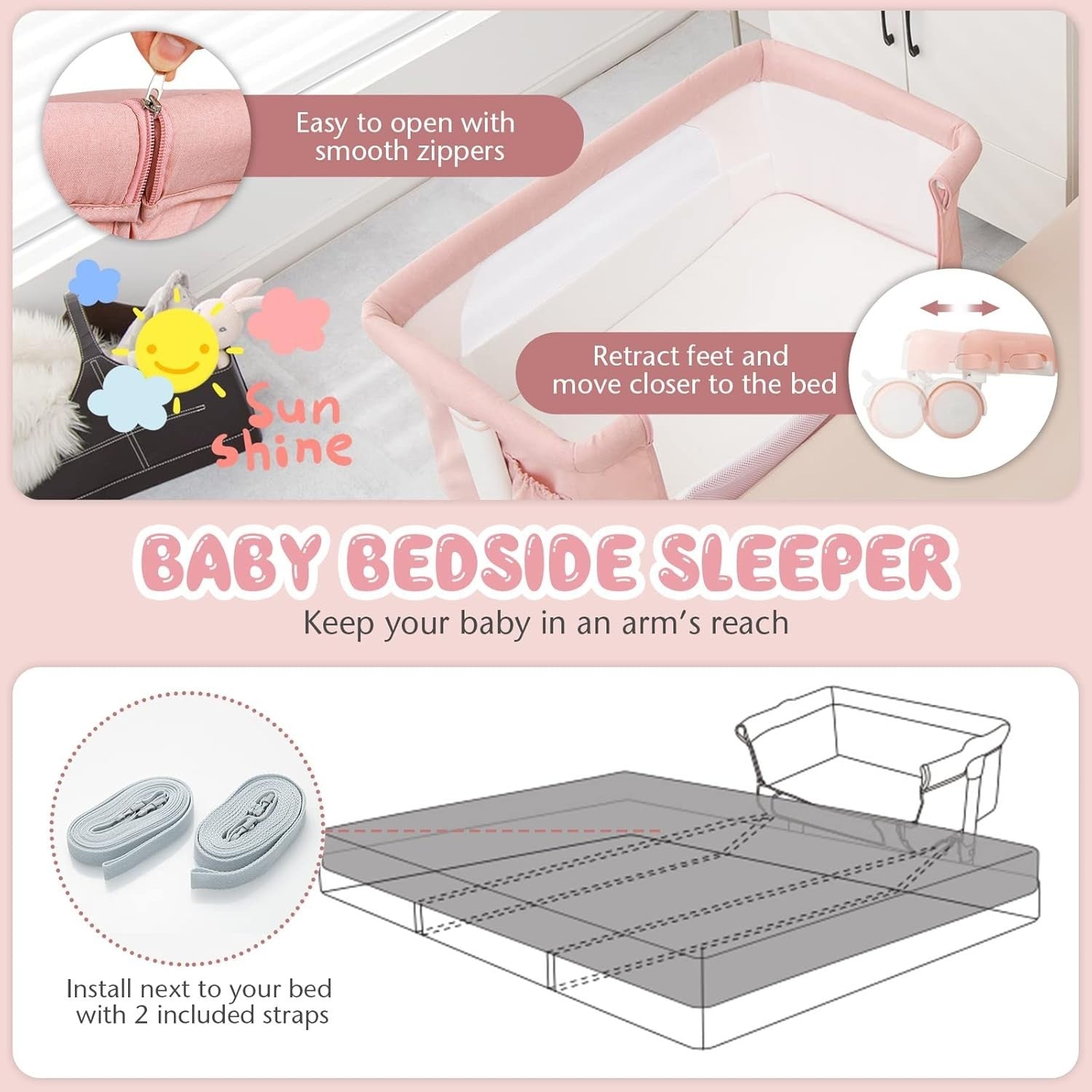 3in1 Baby Bassinet Bedside Crib Co-Sleeper Cot with Mattress & Wheels Pink