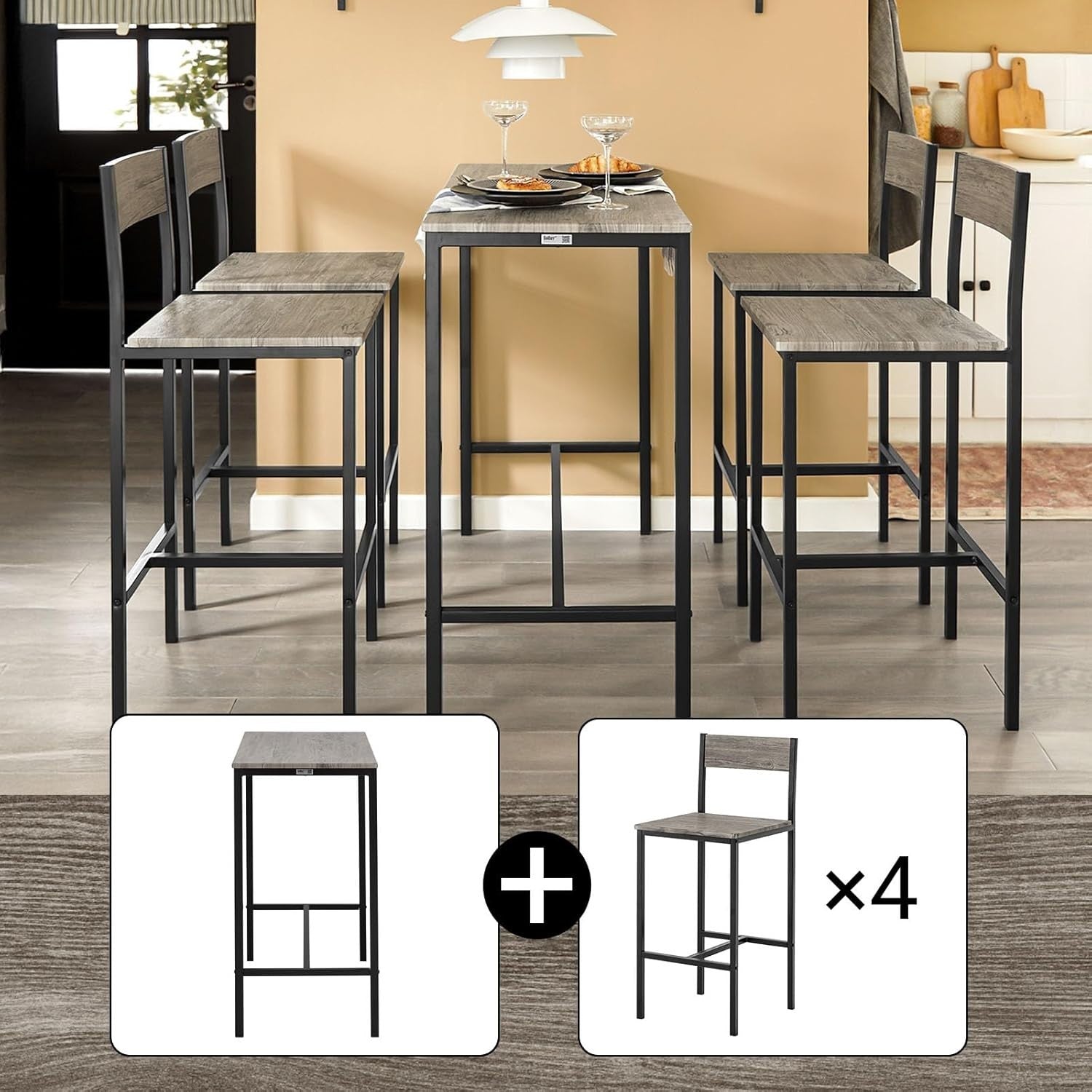 5-Piece Breakfast Bar Table Set w/ 4 Stools Industrial Dining Set Black Natural