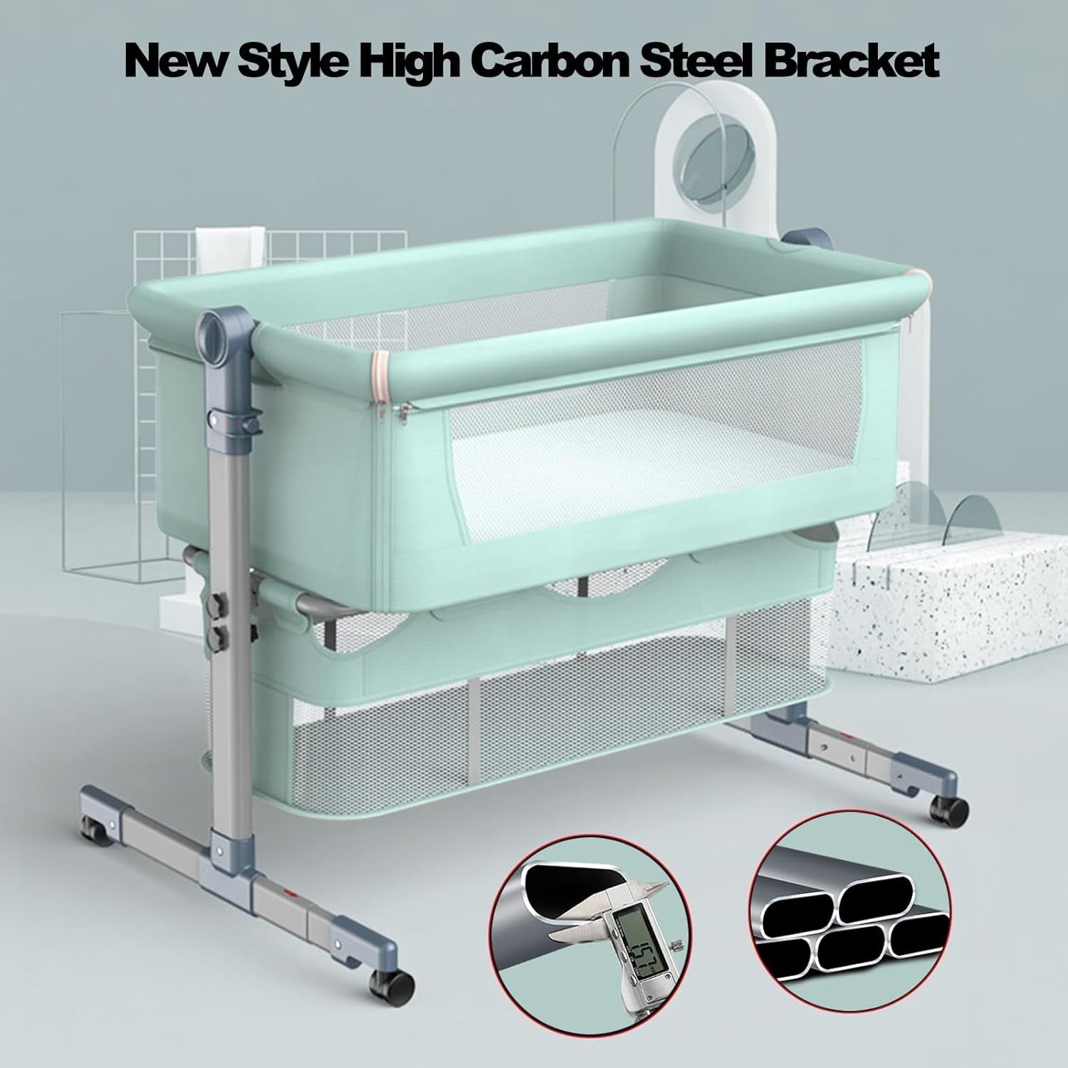 3in1 Baby Bedside Crib Foldable Travel Bassinet with Mattress & Storage Green