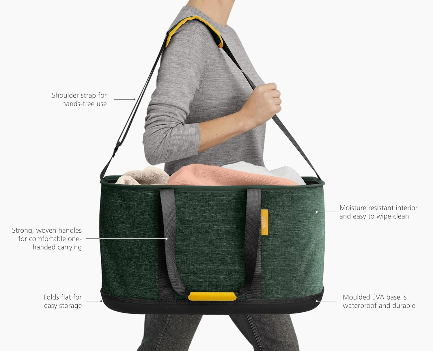 45L Collapsible Laundry Basket with Shoulder Strap Waterproof Base Green Tote