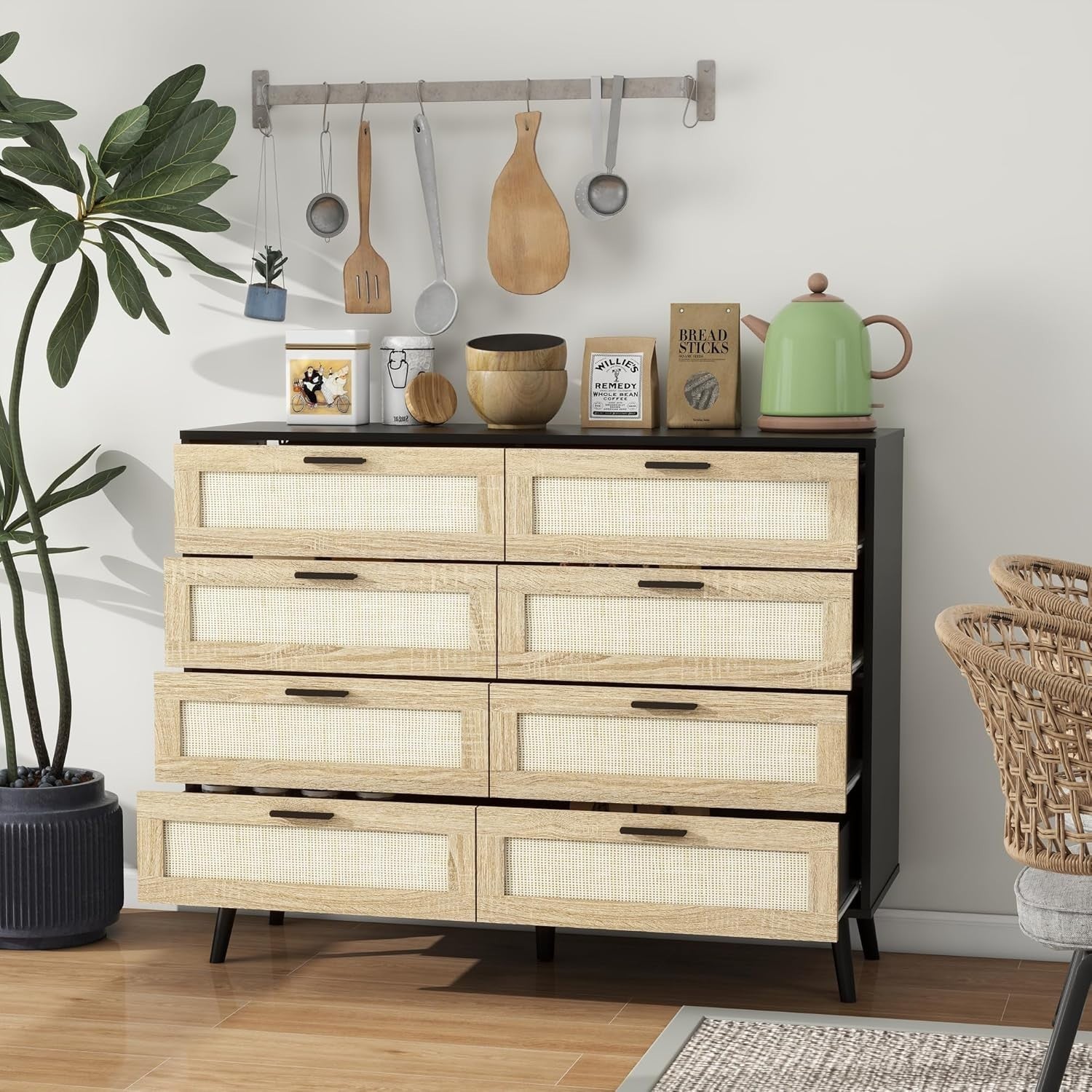 Rattan Chest of 8 Drawers Black Wood Storage Unit Bedroom Hallway Modern