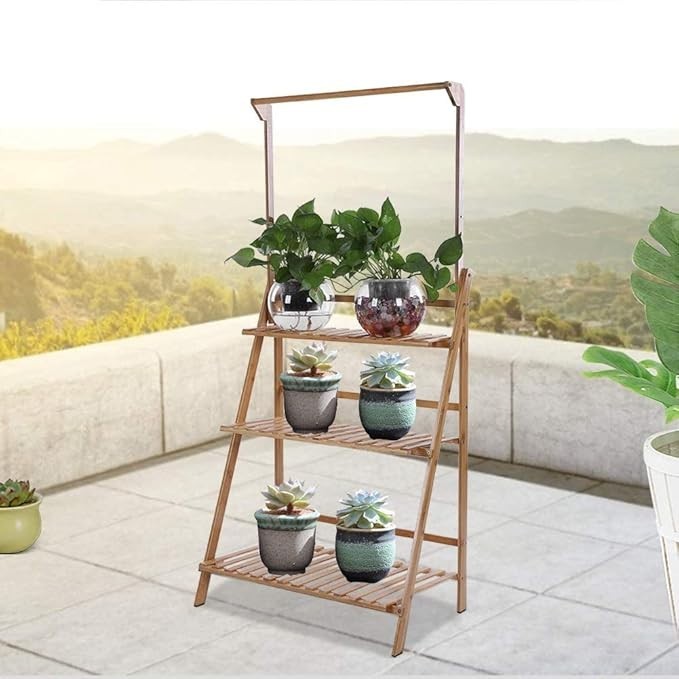 3 Tier Bamboo Plant Stand with Hanging Bar Indoor Outdoor Foldable Flower Shelf