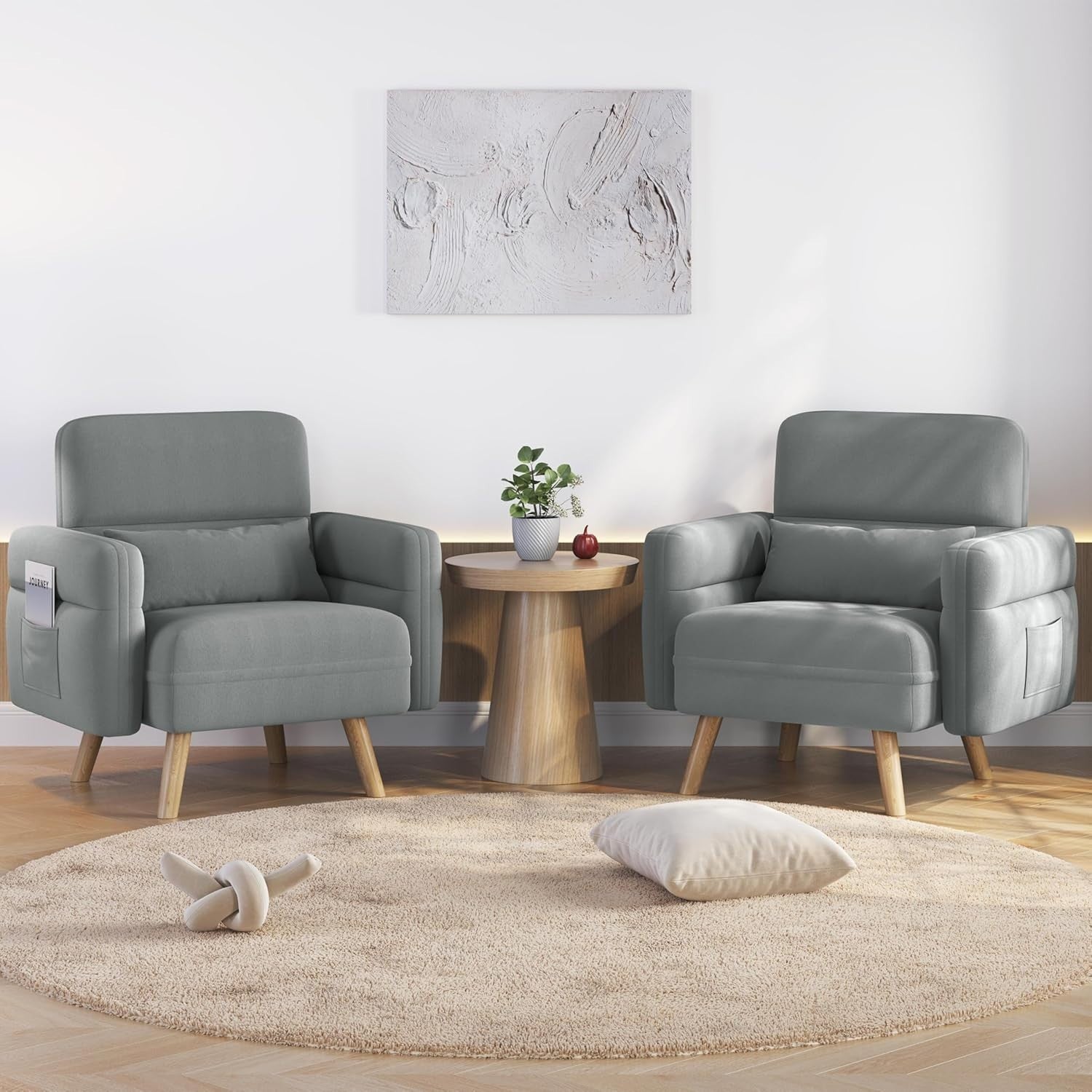 Modern Small Grey Fabric Armchair with Storage Pockets & Lumbar Support