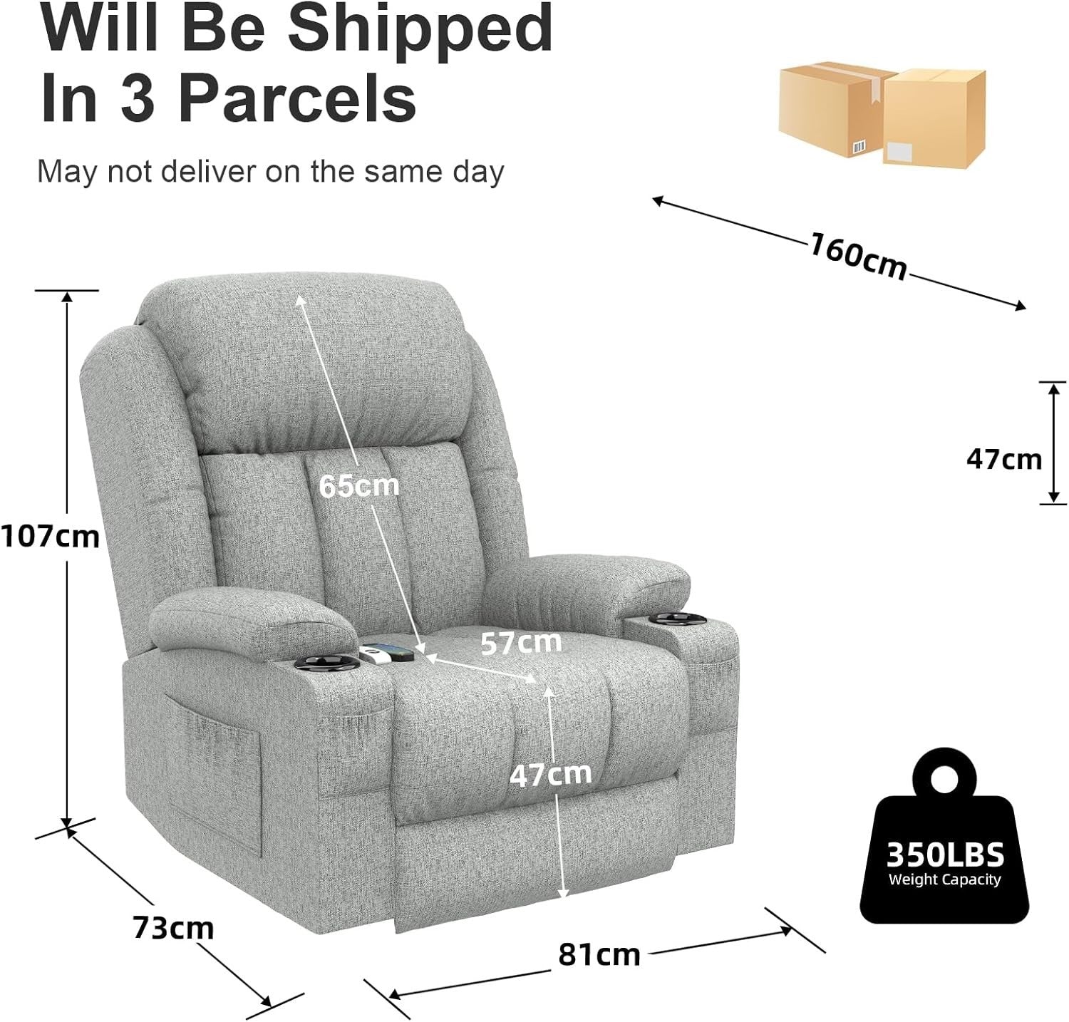 Power Lift Recliner Chair Massage Heat USB Ports Cup Holders Fabric Light Grey