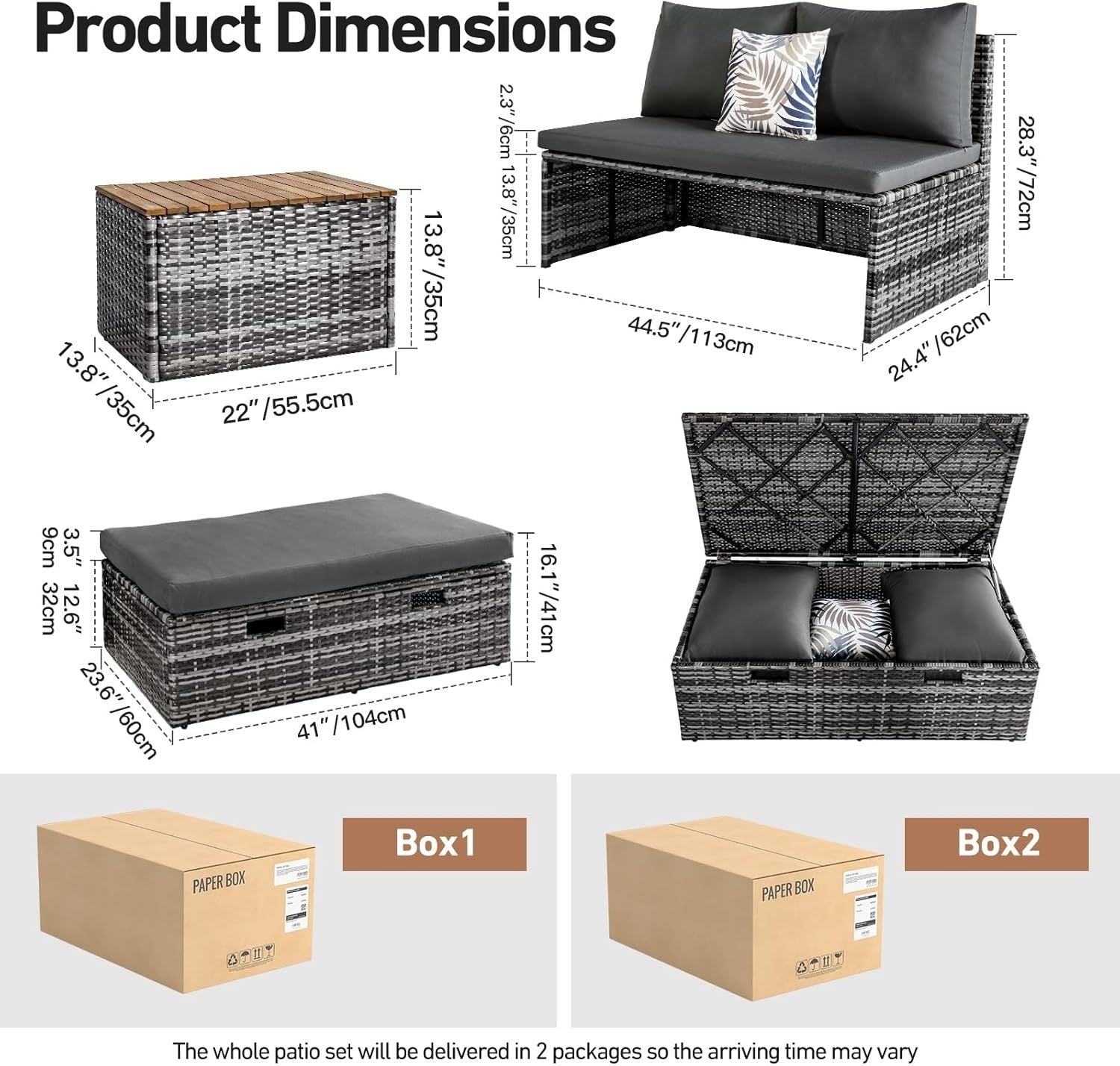 Outdoor Rattan Daybed Set with Storage Ottoman & Side Tables, Weatherproof Patio