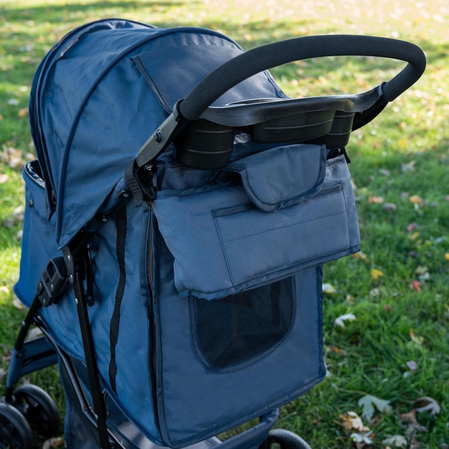 Blue Pet Stroller Pushchair with Caddy Bag Foldable 15kg Travel Pram