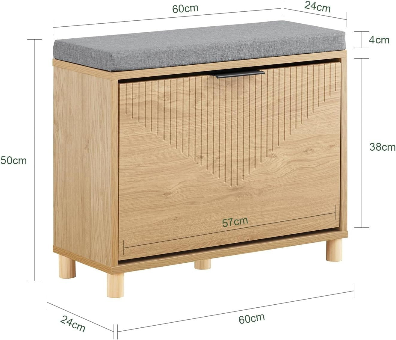 Compact Wooden Shoe Storage Bench with Flip Drawer & Padded Seat 60x24x50cm